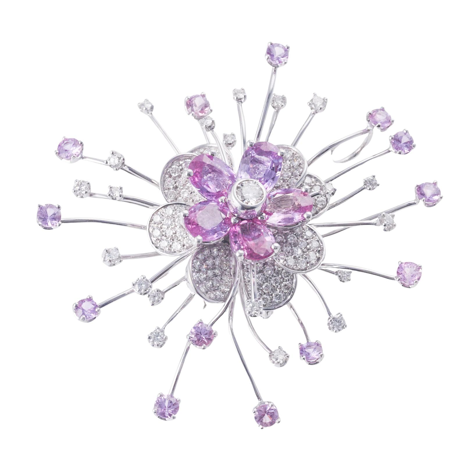 Italian Pink Sapphire Diamond Gold Large Flower Brooch Pendant For Sale 3