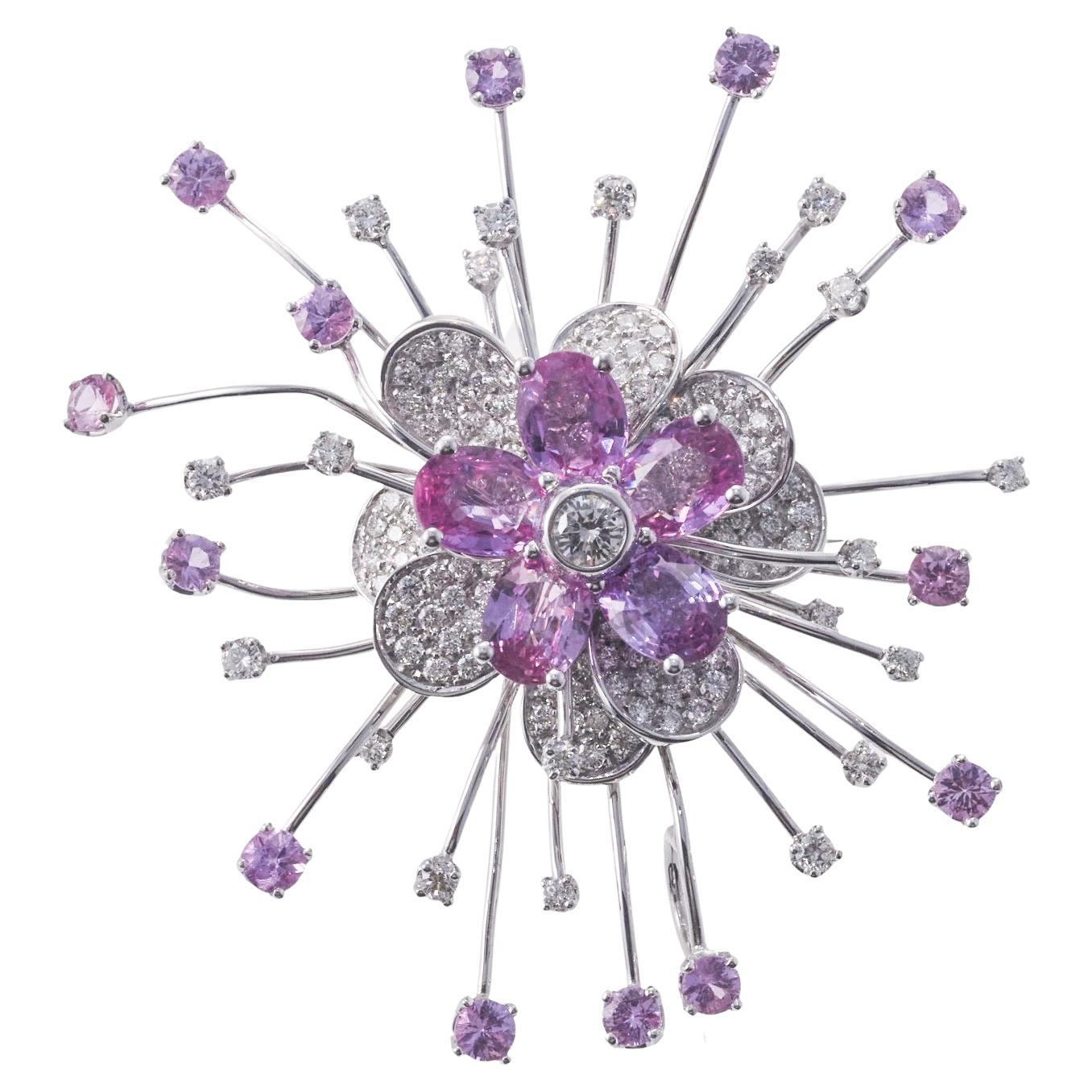 Italian Pink Sapphire Diamond Gold Large Flower Brooch Pendant For Sale