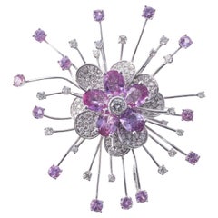 Vintage Italian Pink Sapphire Diamond Gold Large Flower Brooch Pendant