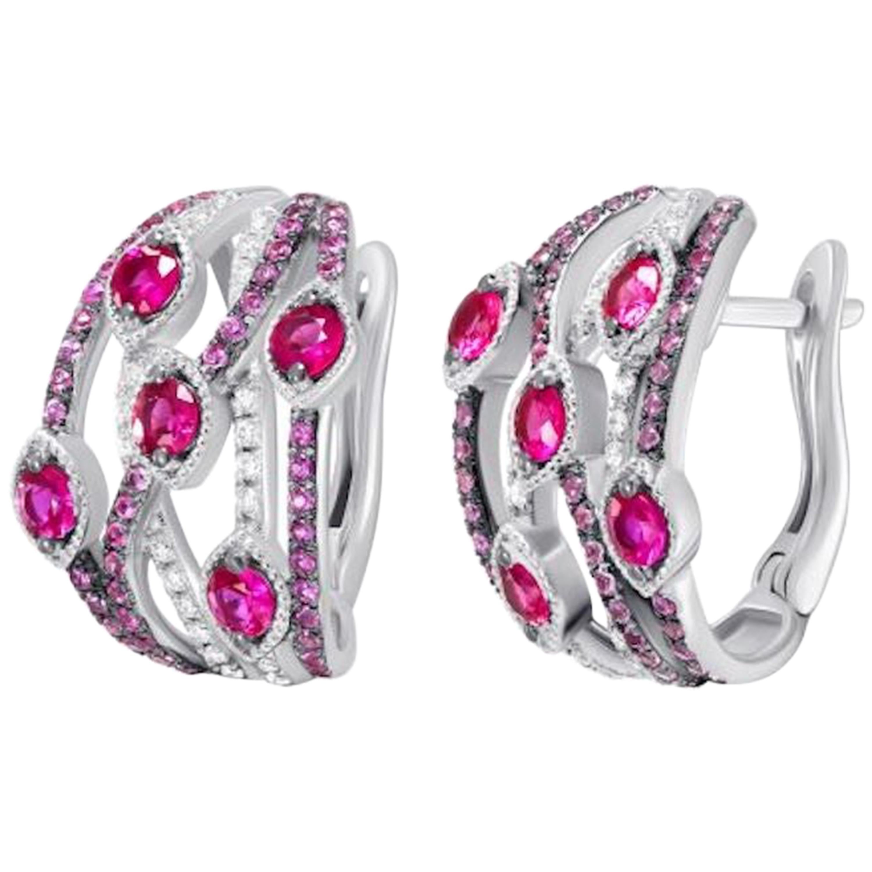Italian Pink Sapphire Ruby Diamond White Gold Lever-Back Earrings for Her For Sale