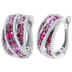 Italian Pink Sapphire Ruby Diamond White Gold Lever-Back Earrings for Her