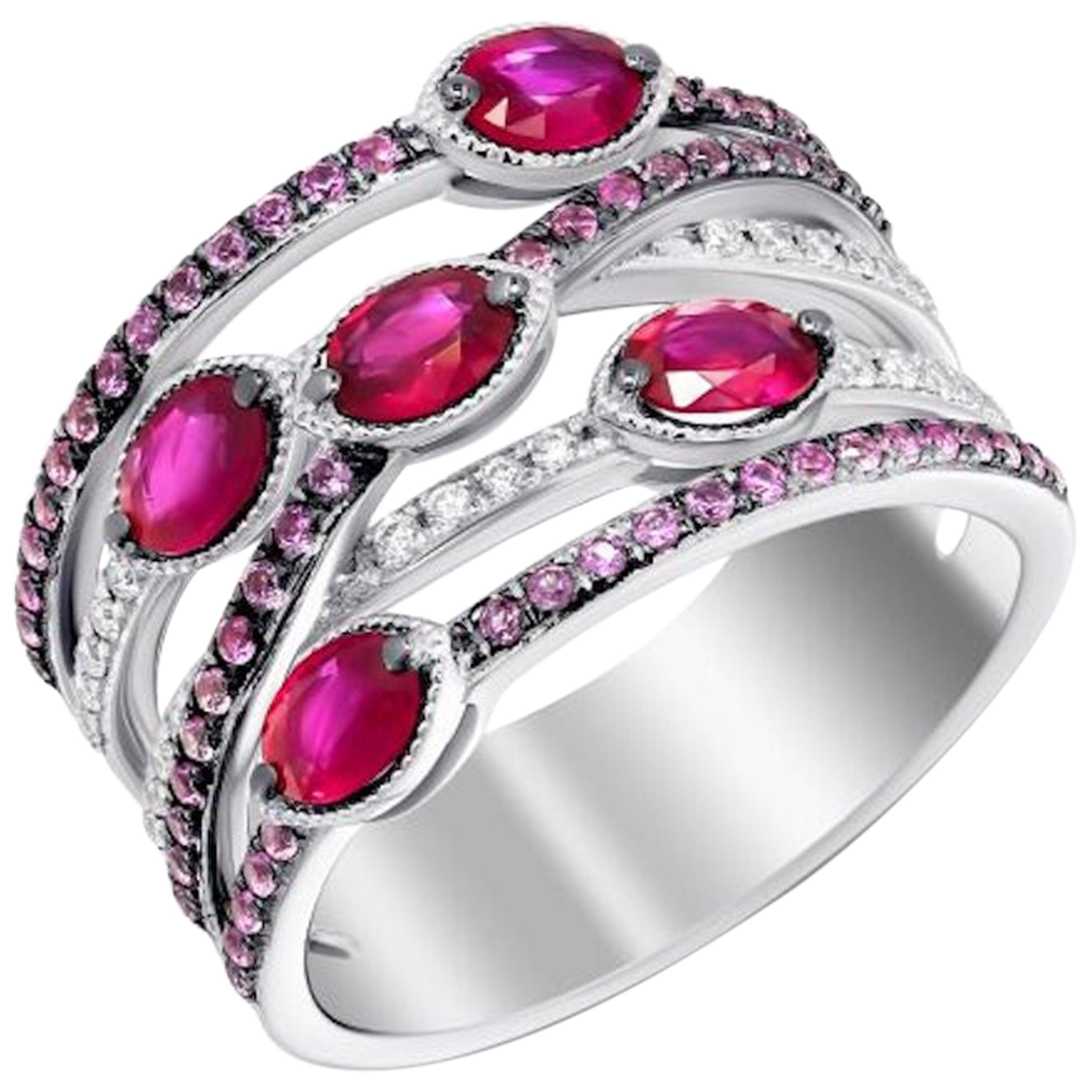 Italian Pink Sapphire Ruby Diamond White Gold Ring for Her