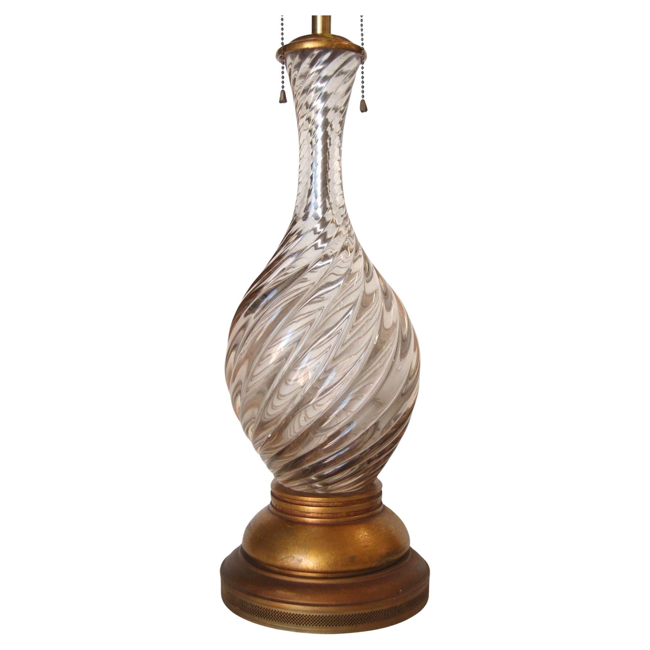 Italian Mid-century Pink Swirled Murano Glass Table Lamp w/ Brass Base