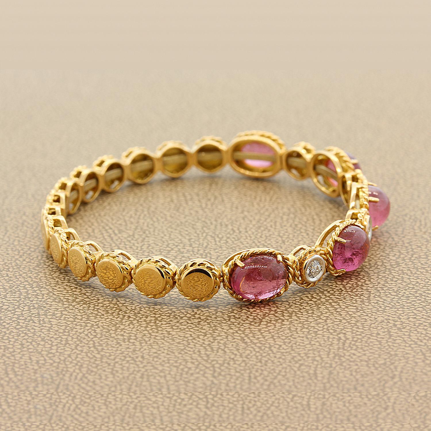 Italian Pink Tourmaline Diamond Gold Stretch Cuff Bracelet In New Condition In Beverly Hills, CA
