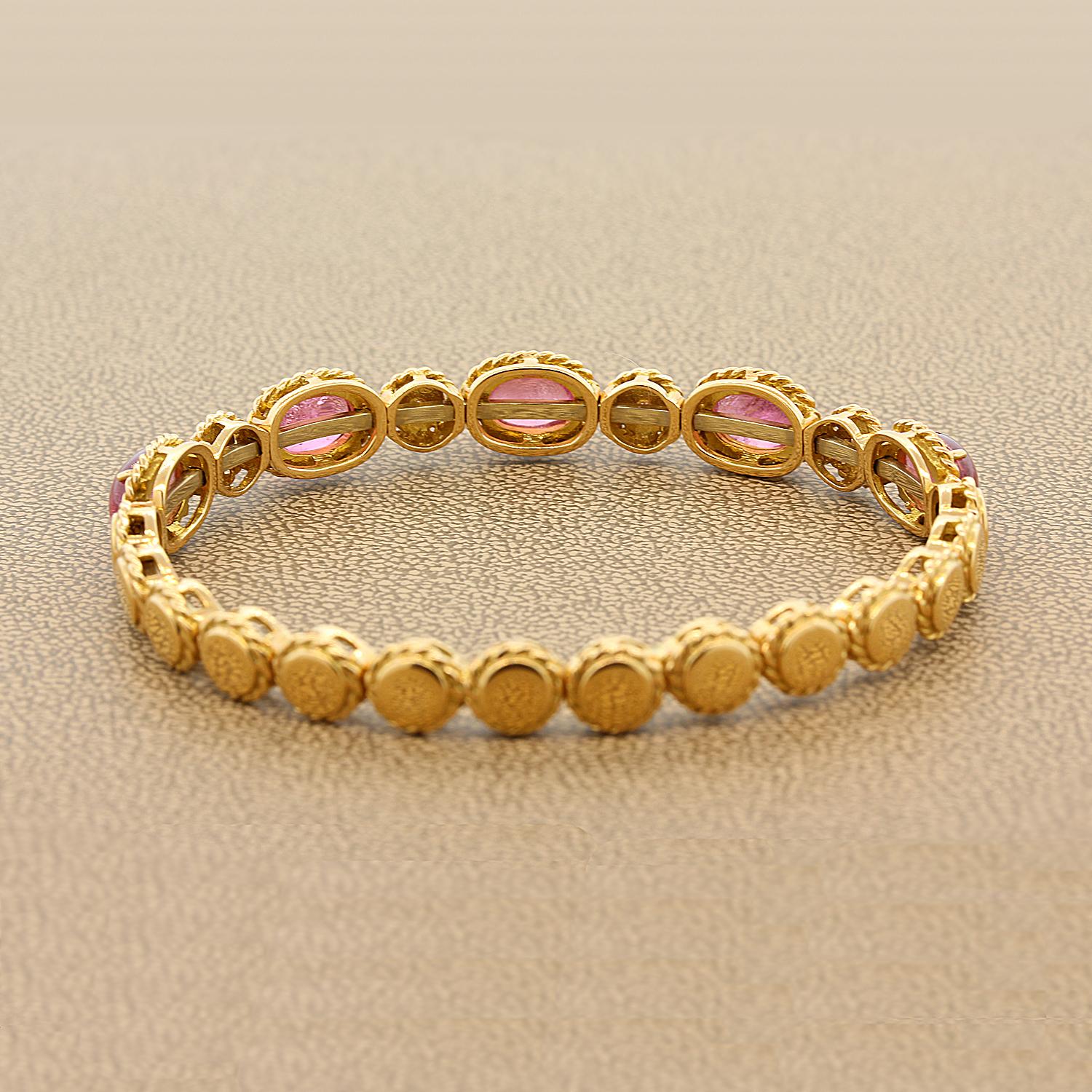 Women's or Men's Italian Pink Tourmaline Diamond Gold Stretch Cuff Bracelet