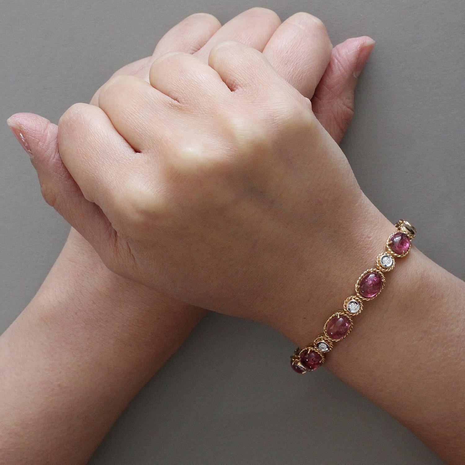 Italian Pink Tourmaline Diamond Gold Stretch Cuff Bracelet 1