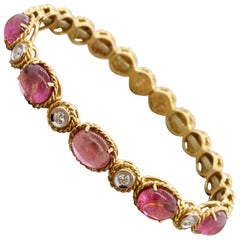 Italian Pink Tourmaline Diamond Gold Stretch Cuff Bracelet