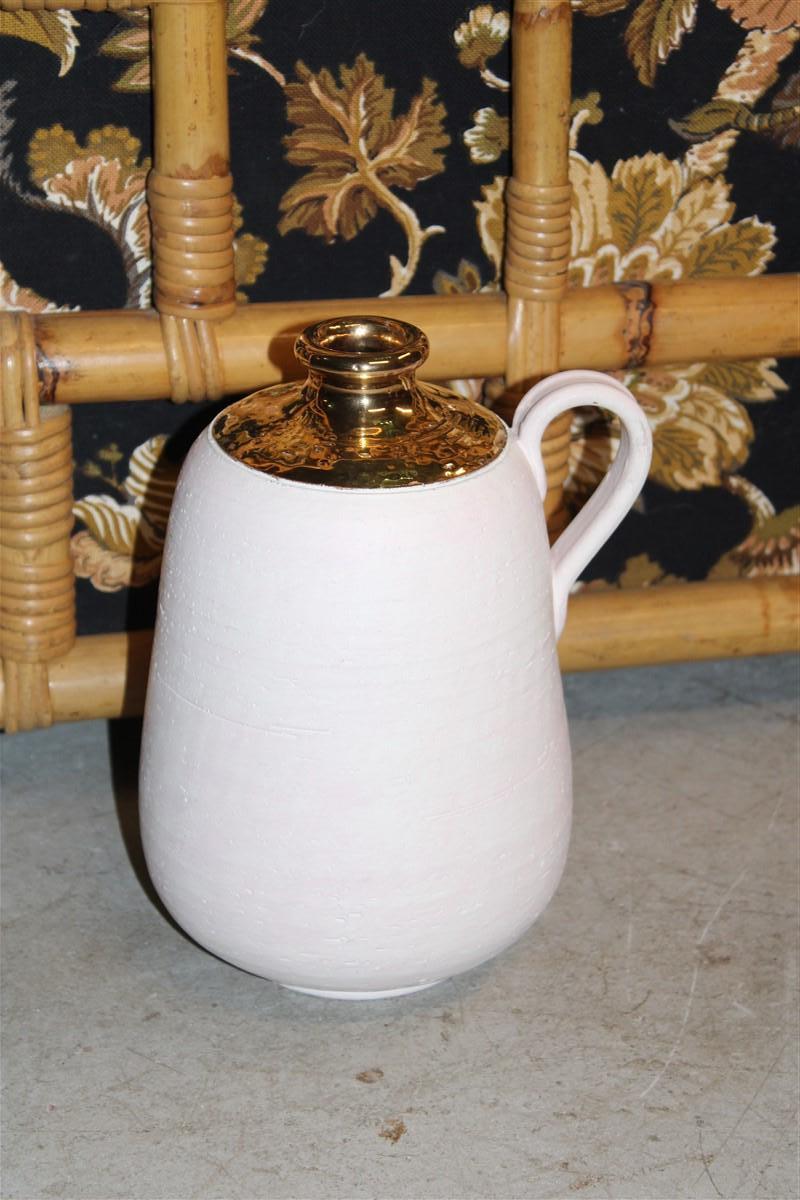 Mid-Century Modern Italian Pink Vase Ceramic Gold 24KT Bitossi Aldo Londi 1970 For Sale