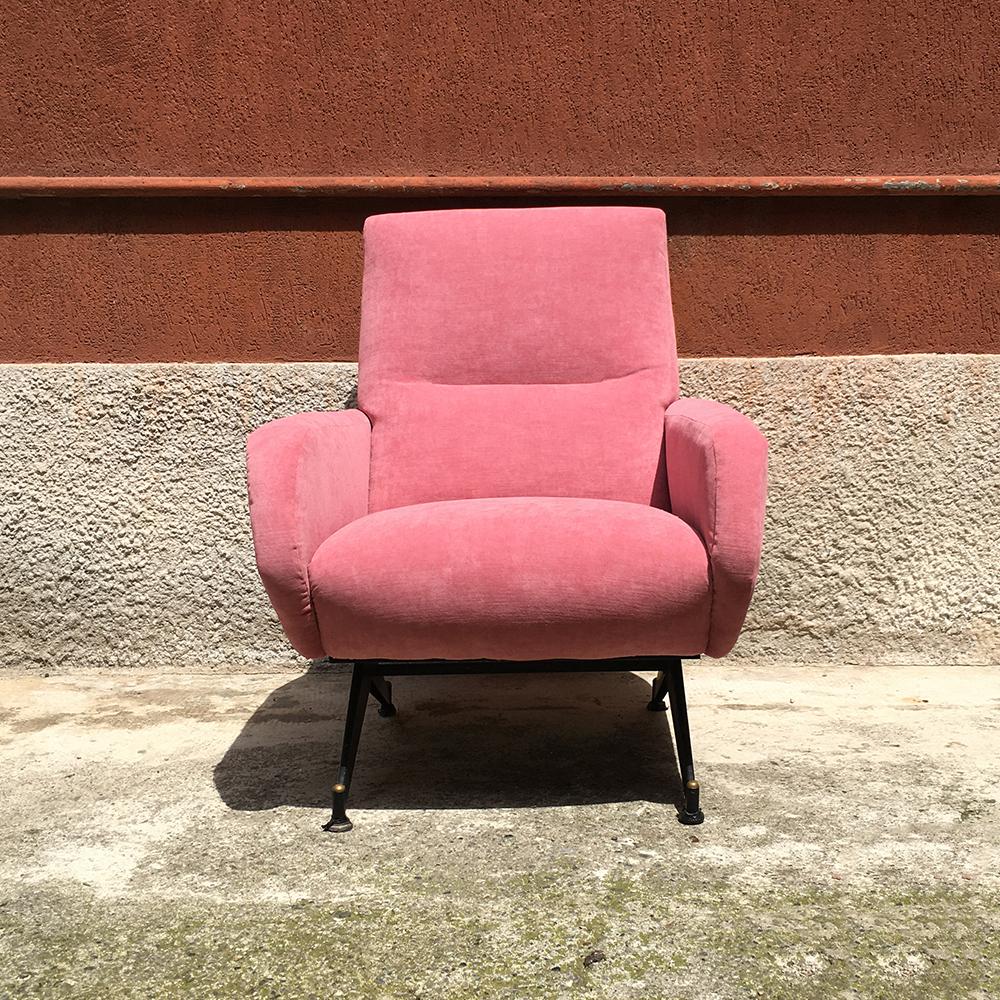Mid-Century Modern Italian Pink Velvet and Metal Armchair with Armrests, 1950s
