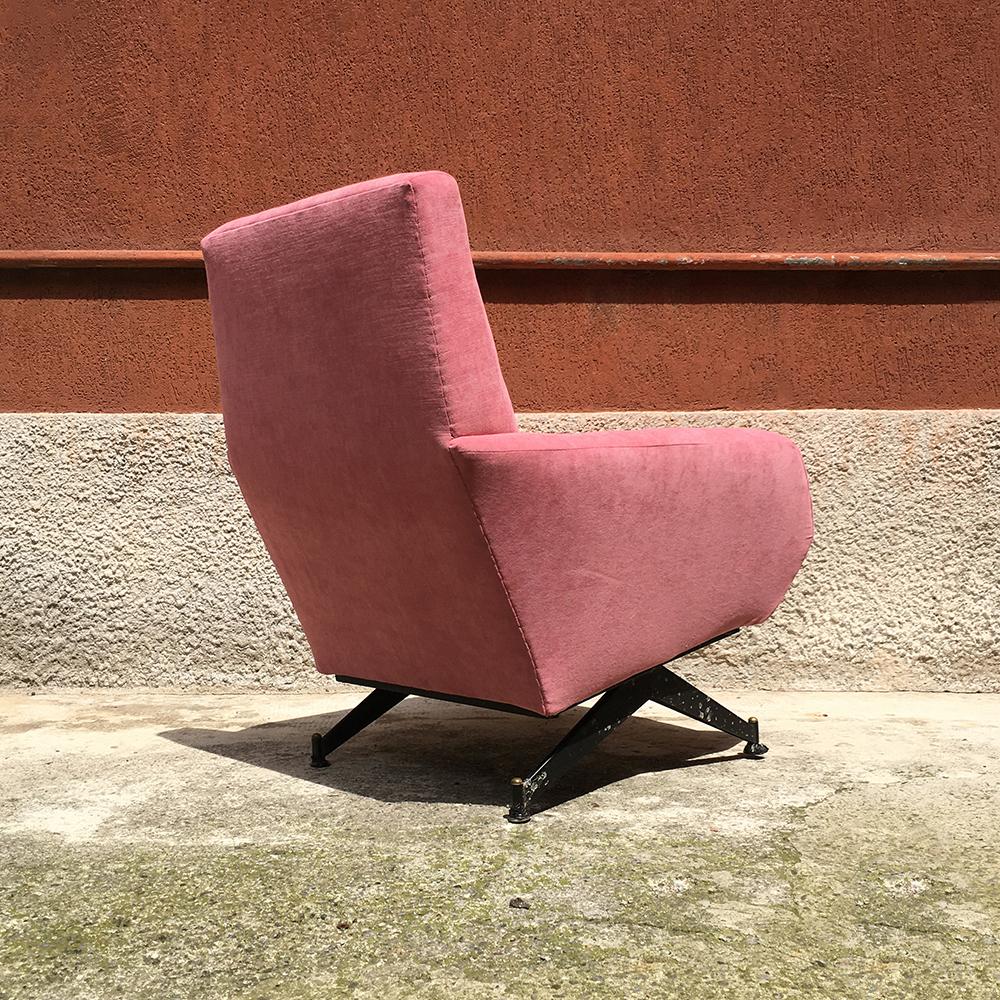 Mid-20th Century Italian Pink Velvet and Metal Armchair with Armrests, 1950s