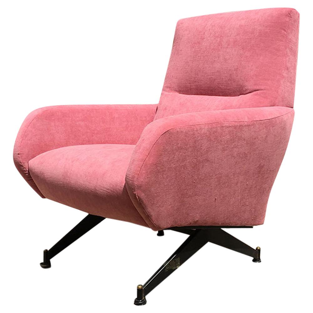 Italian Pink Velvet and Metal Armchair with Armrests, 1950s