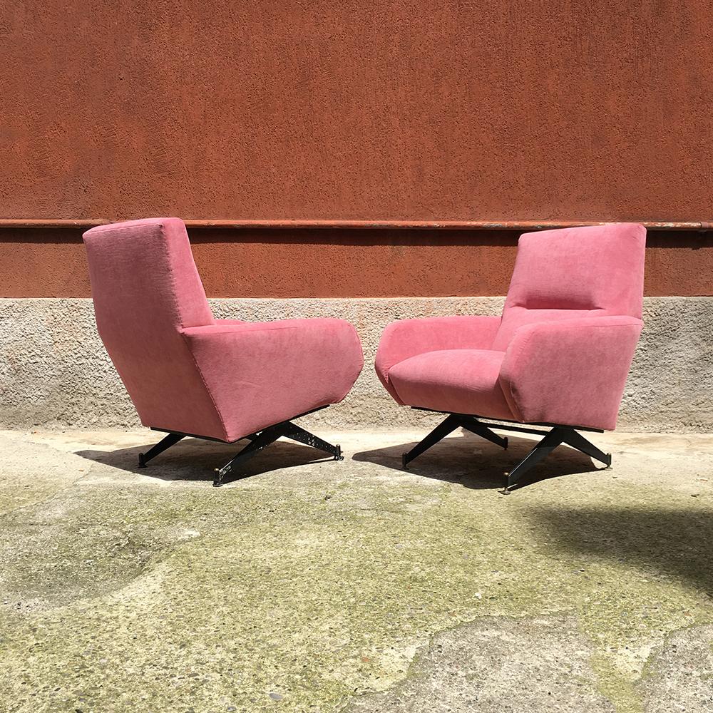 Mid-Century Modern Italian Pink Velvet and Metal Armchairs with Armrests, 1950s