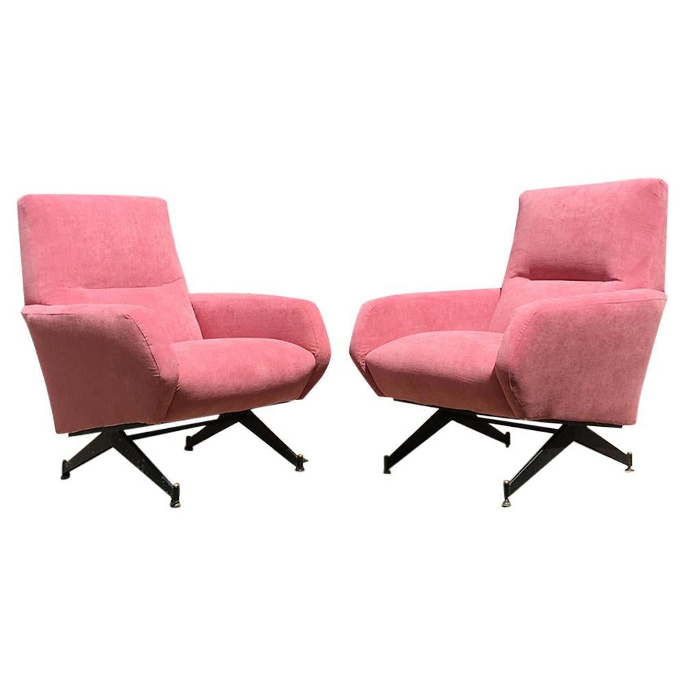 Italian Pink Velvet and Metal Armchairs with Armrests, 1950s