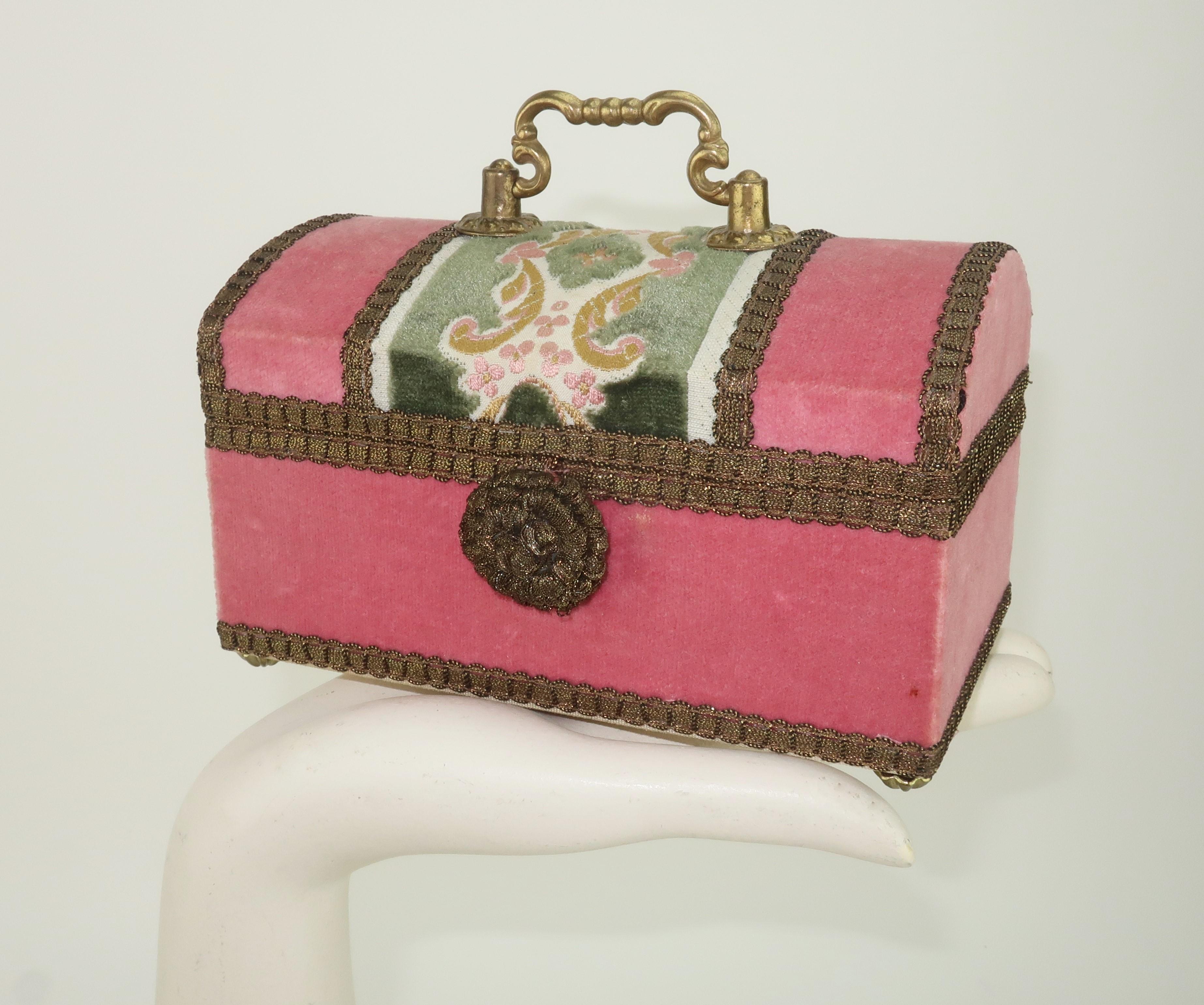 Italian Pink Velvet Brocade Box Handbag, 1960's 8