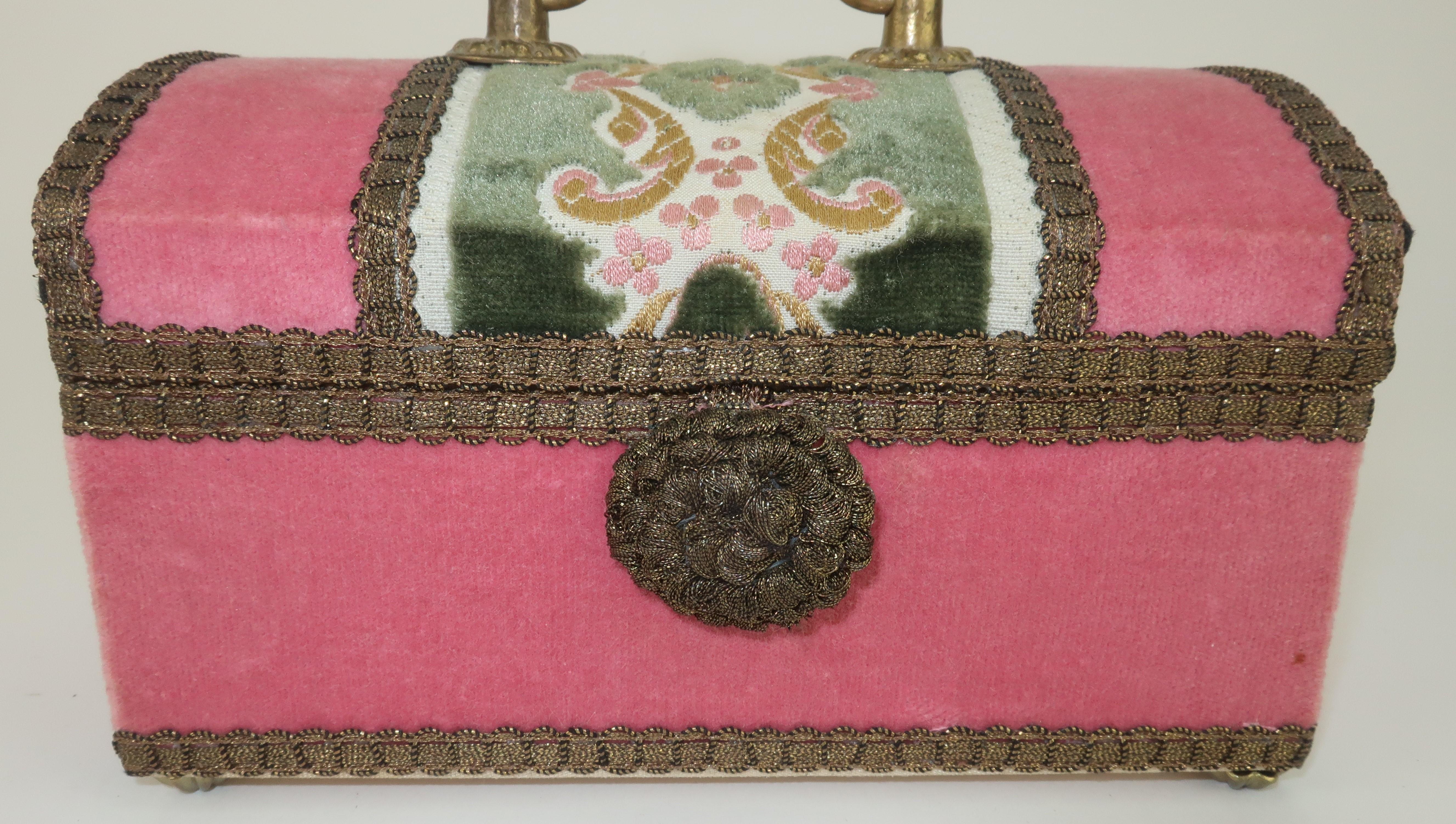 Women's or Men's Italian Pink Velvet Brocade Box Handbag, 1960's
