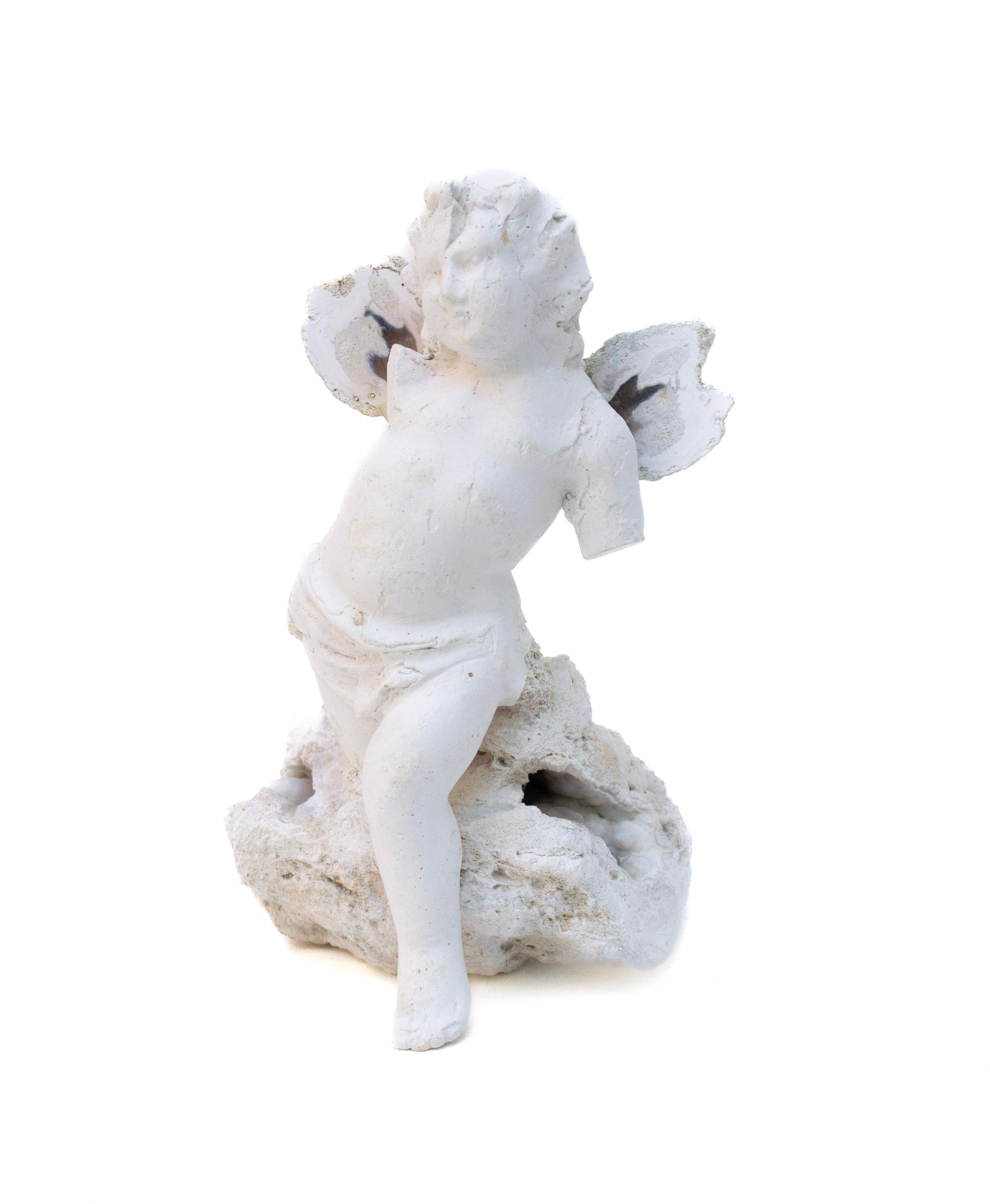 Italiano Italian Plaster Cherub with White Polished Agate Coral Wings and Base. in vendita