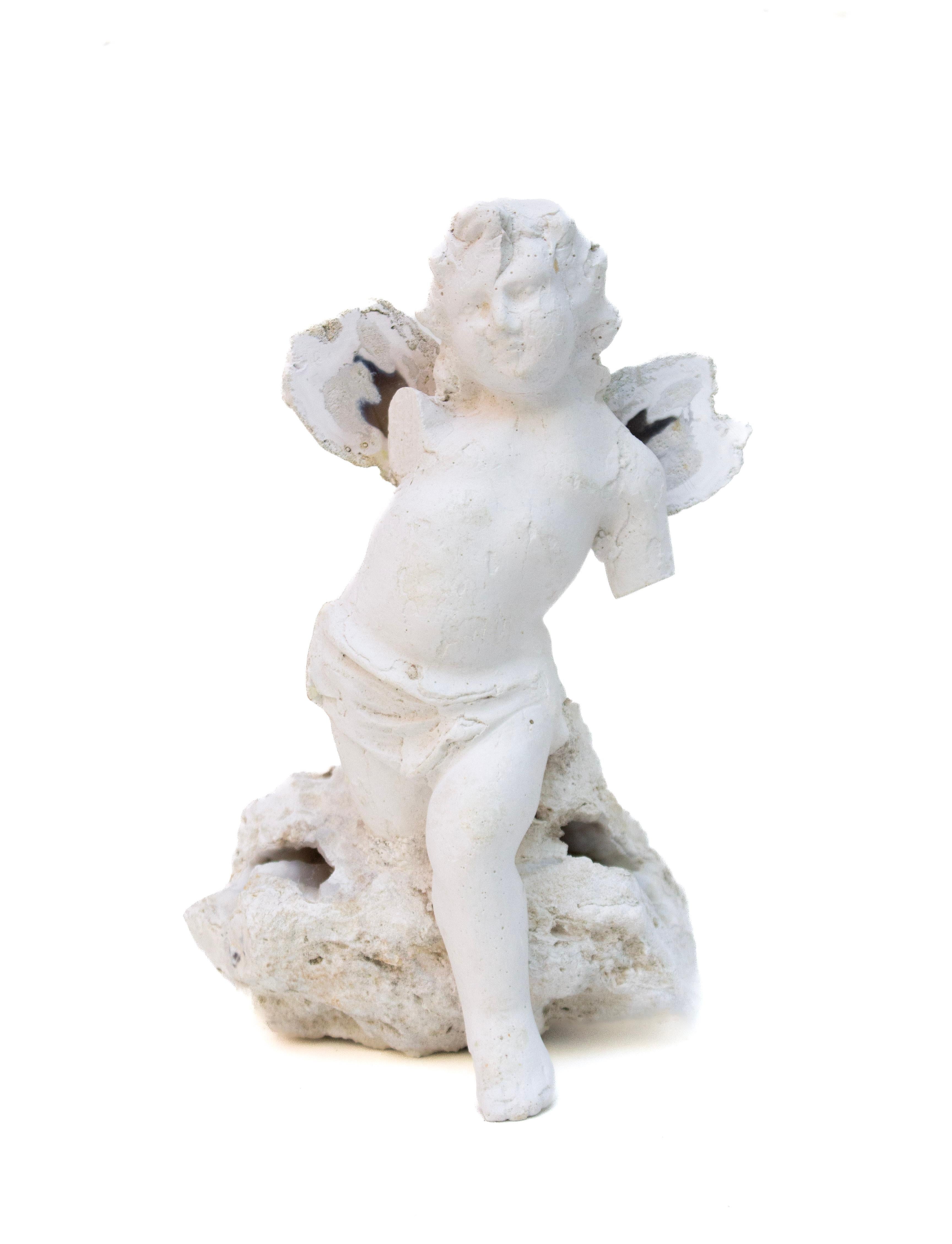 Intagliato a mano Italian Plaster Cherub with White Polished Agate Coral Wings and Base. in vendita