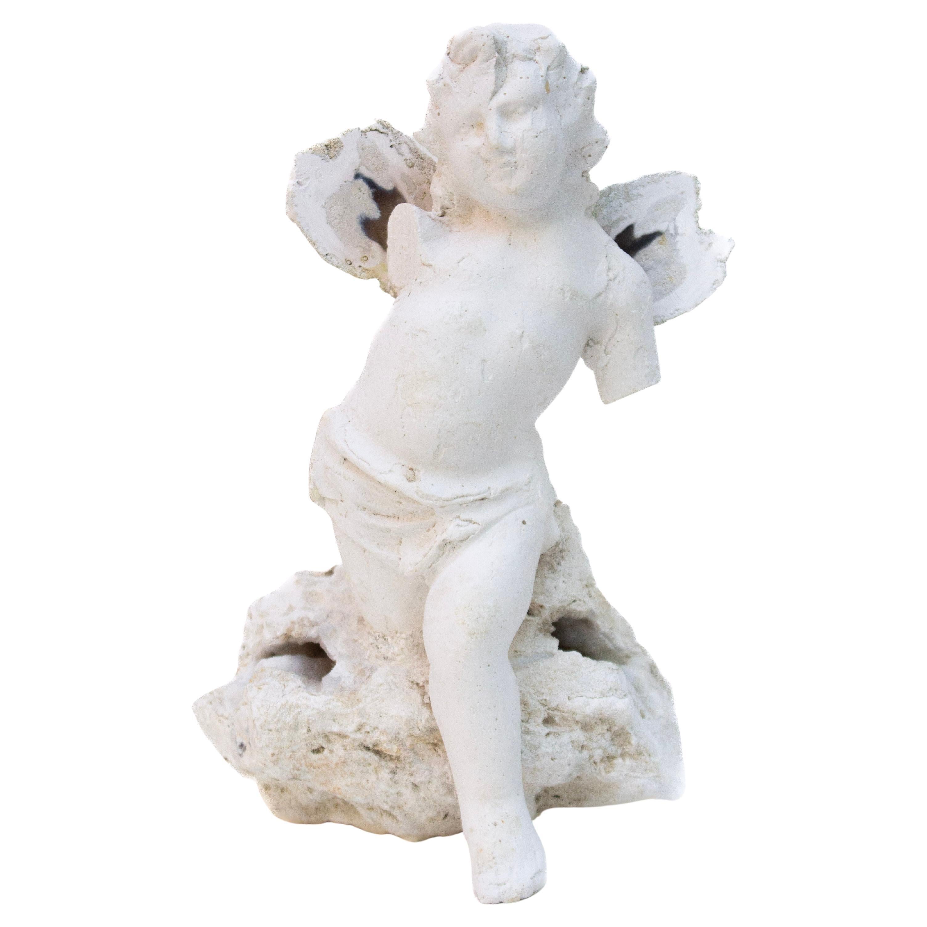Italian Plaster Cherub with White Polished Agate Coral Wings and Base.