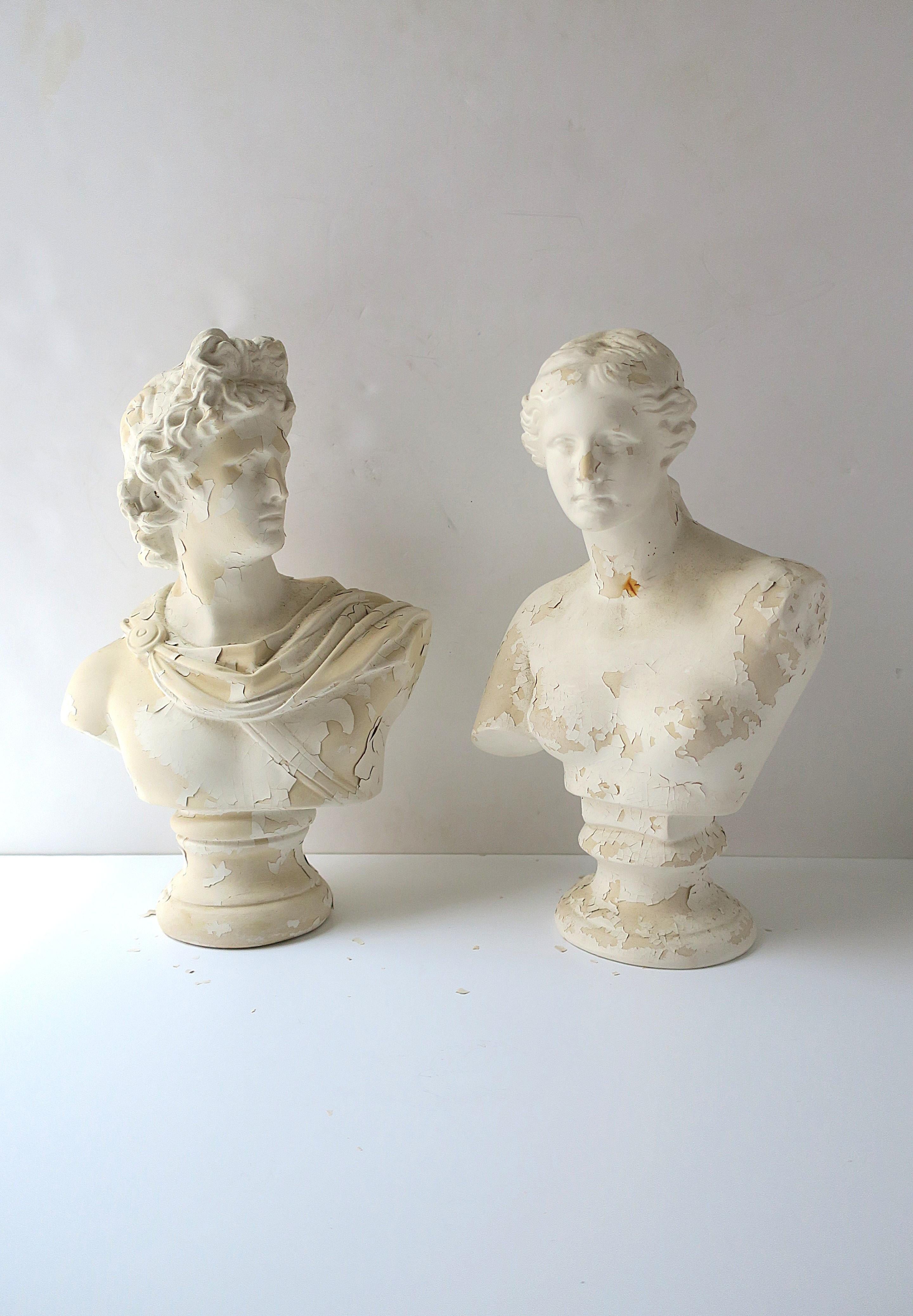Painted Italian Plaster Greco Roman Busts Sculptures, Pair For Sale