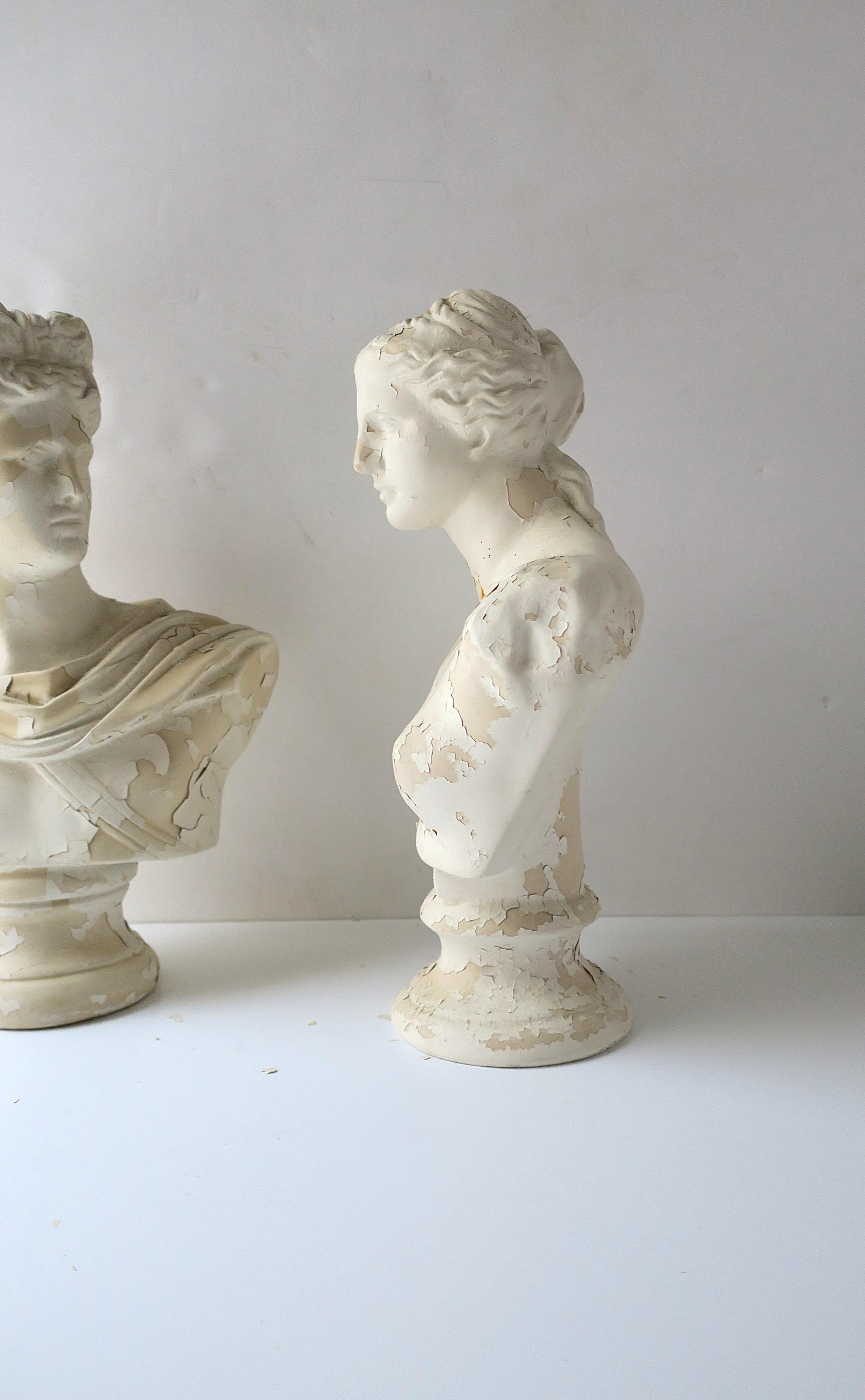 Italian Plaster Greco Roman Busts Sculptures, Pair For Sale 2