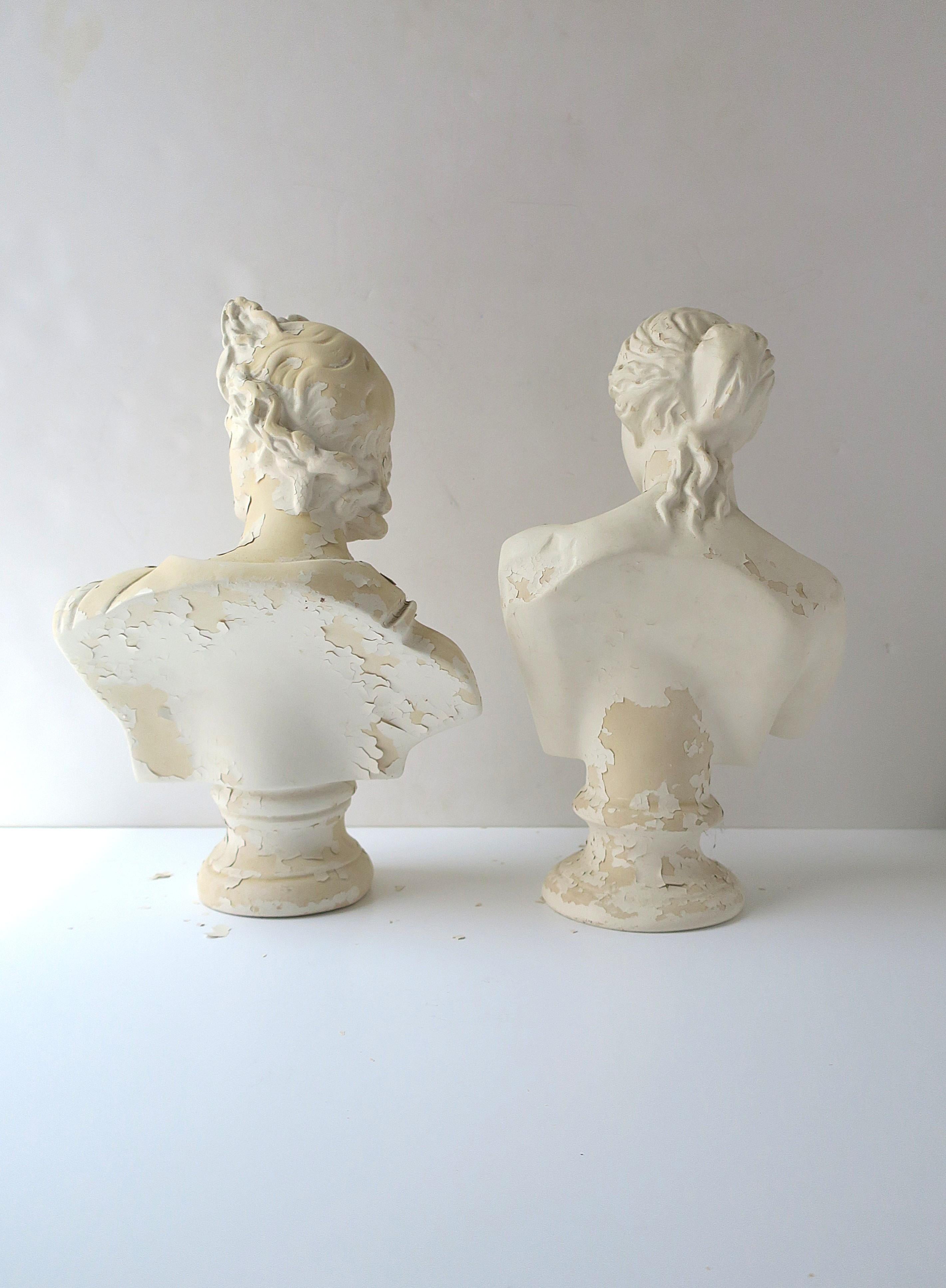 Italian Plaster Greco Roman Busts Sculptures, Pair For Sale 4