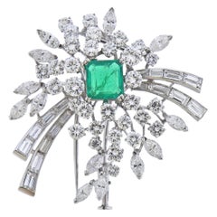 Italian Platinum Diamond Emerald Brooch