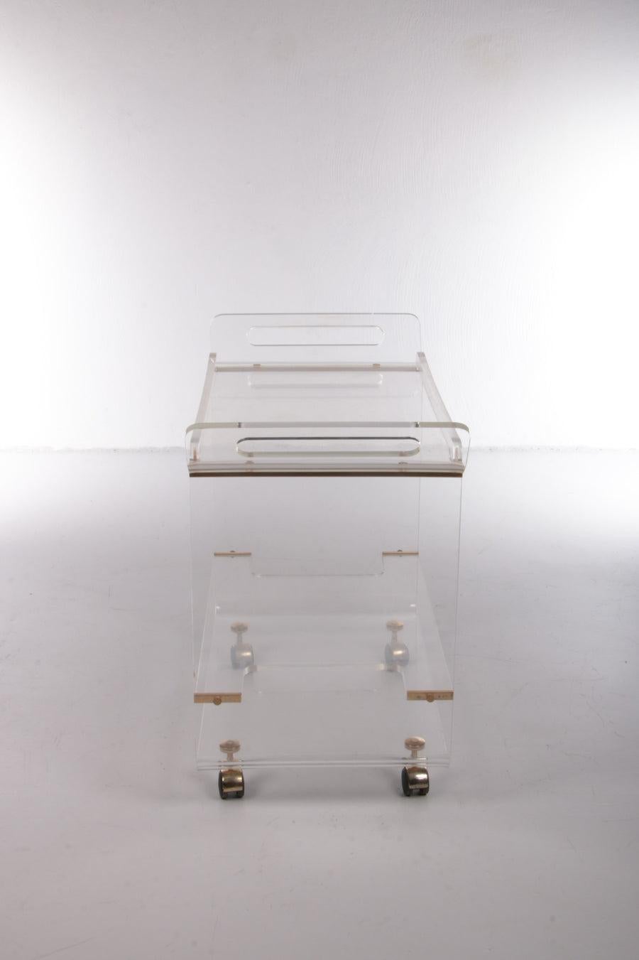 Mid-Century Modern Italian Plexiglass Trolley with Brass Details, 1980 For Sale