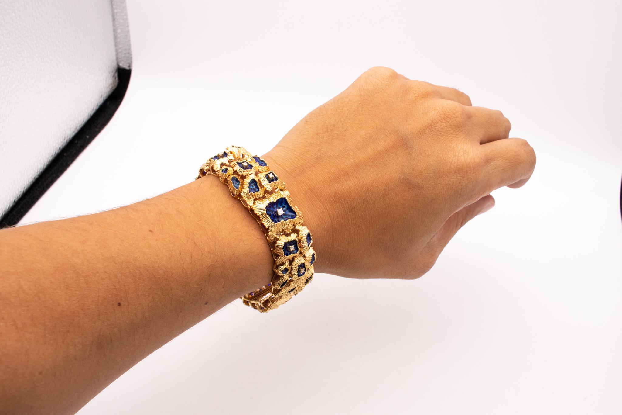 Modernist Italian Plique a Jour Brutalist Bracelet in 18kt Gold Diamonds and Blue Enamel