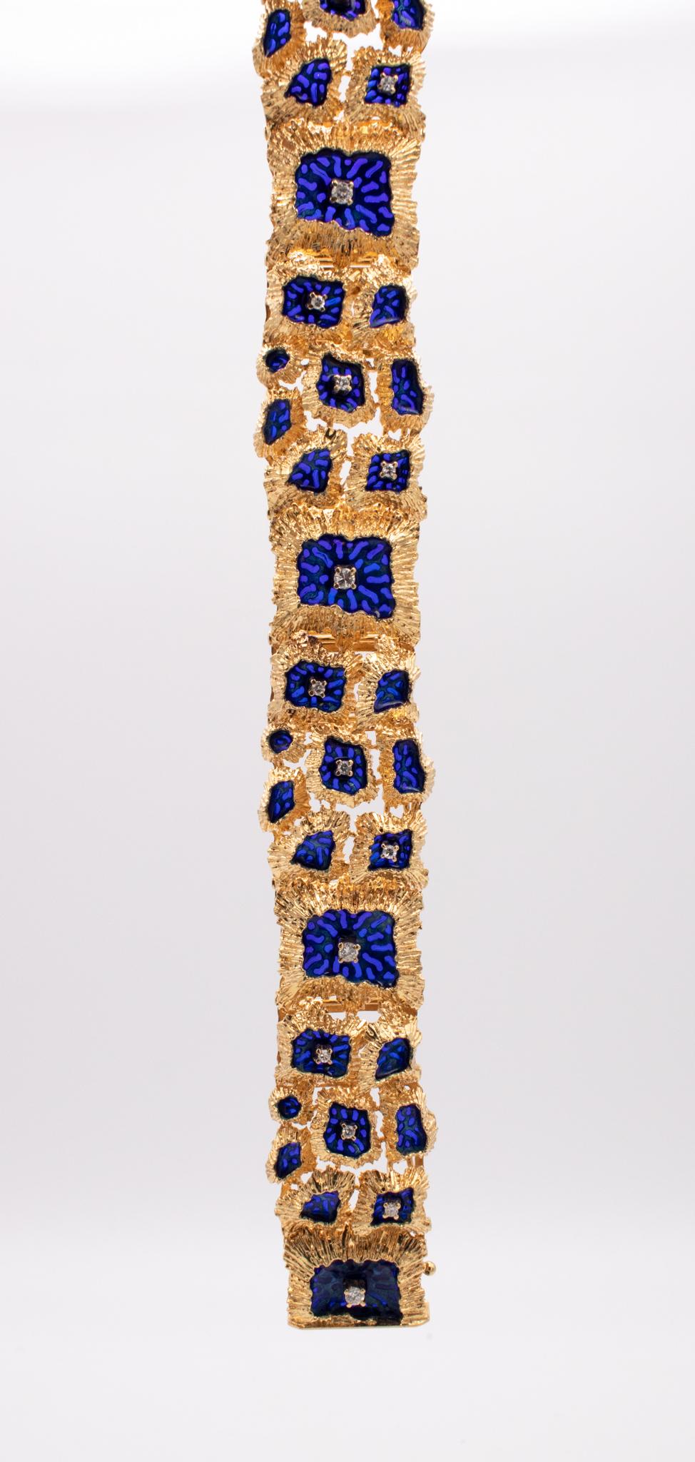 Brilliant Cut Italian Plique a Jour Brutalist Bracelet in 18kt Gold Diamonds and Blue Enamel