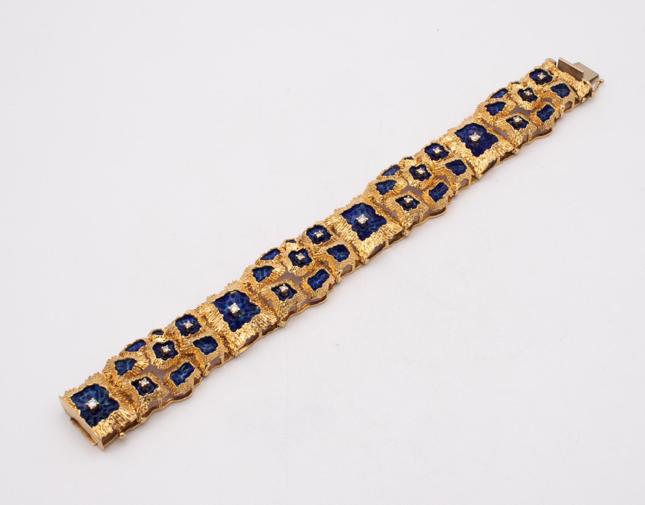 Women's Italian Plique a Jour Brutalist Bracelet in 18kt Gold Diamonds and Blue Enamel