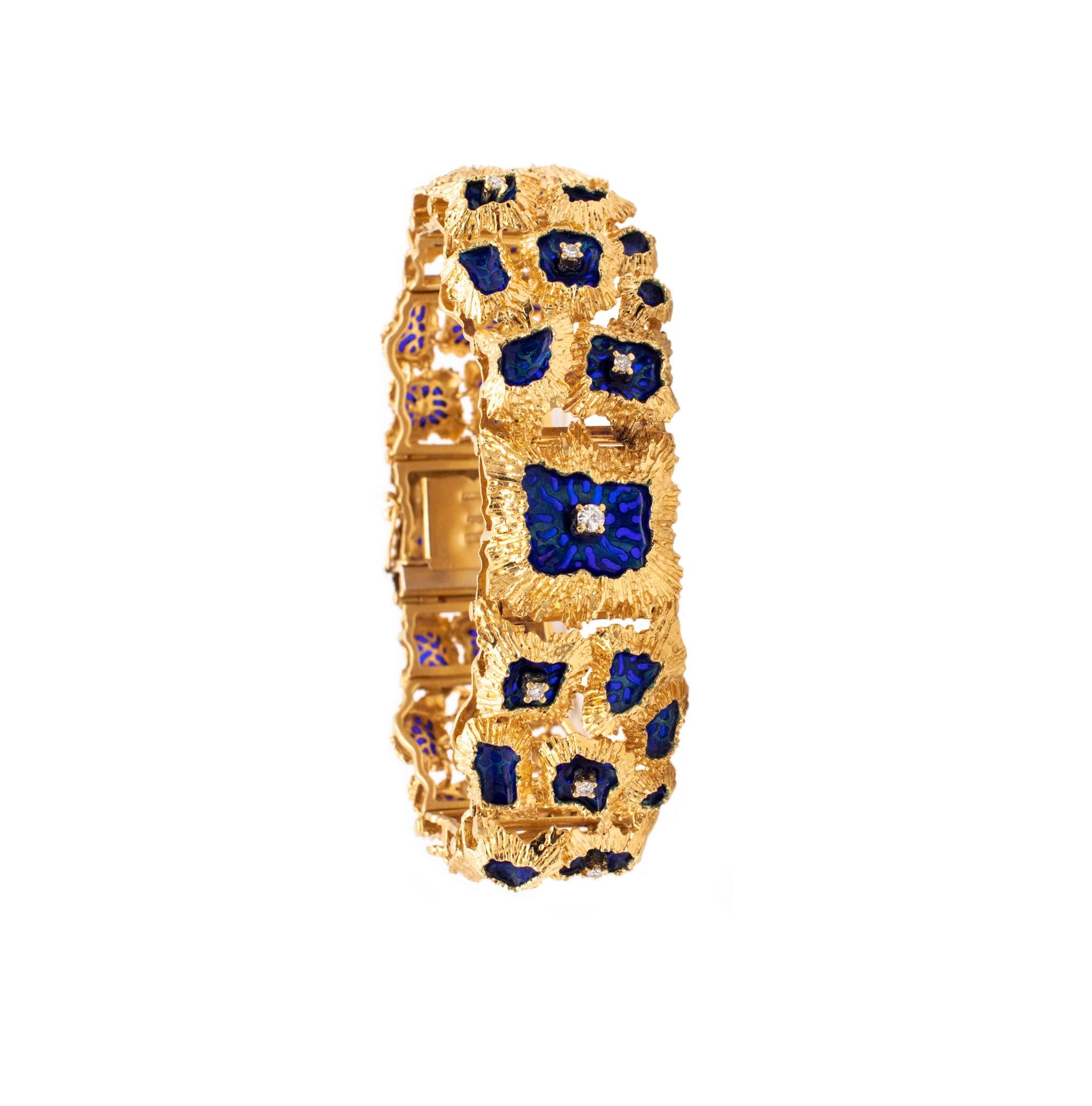 Italian Plique a Jour Brutalist Bracelet in 18kt Gold Diamonds and Blue Enamel 1