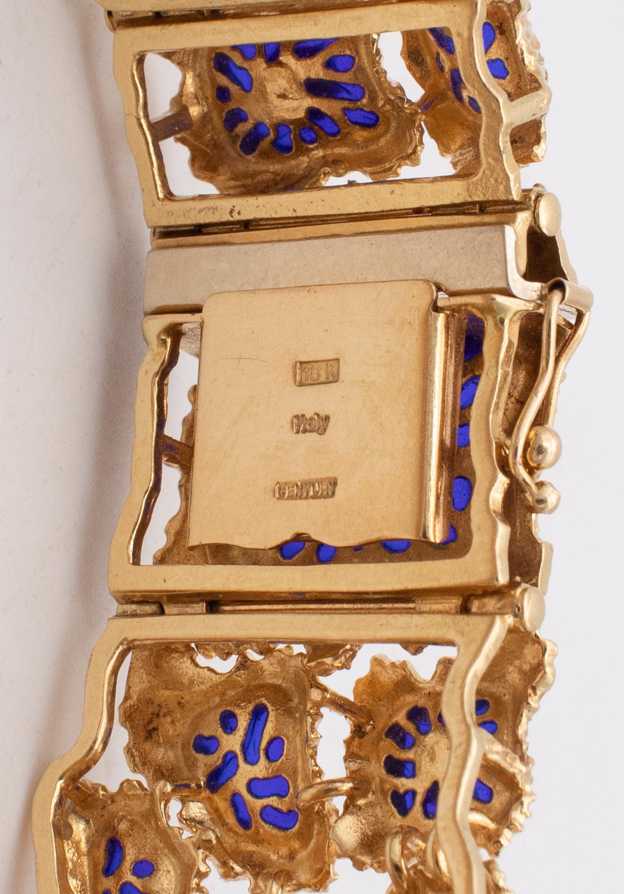 Italian Plique a Jour Brutalist Bracelet in 18kt Gold Diamonds and Blue Enamel 2