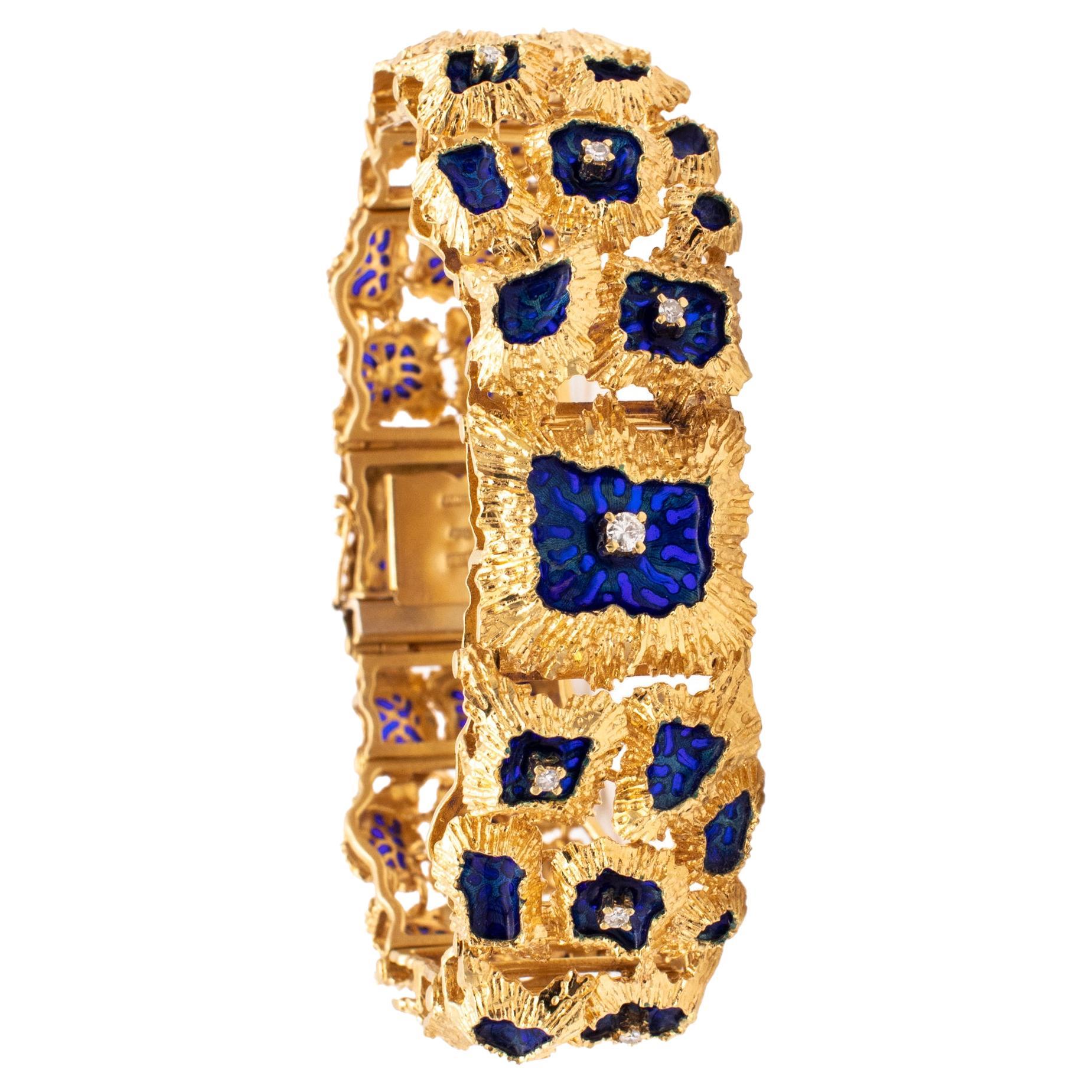 Italian Plique a Jour Brutalist Bracelet in 18kt Gold Diamonds and Blue Enamel