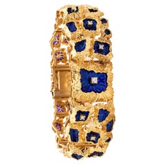 Vintage Italian Plique a Jour Brutalist Bracelet in 18kt Gold Diamonds and Blue Enamel