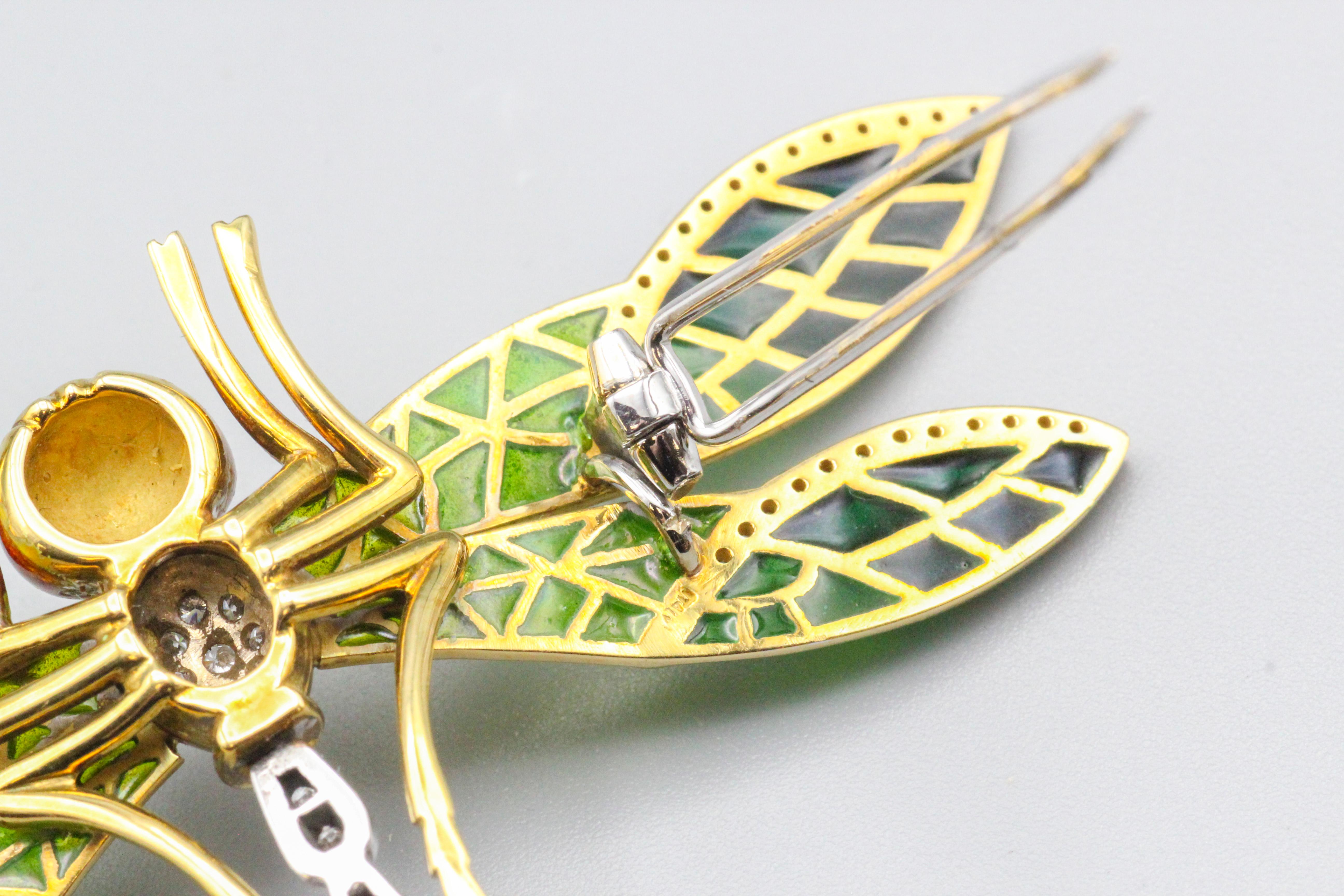 Italian Plique-A-Jour Enamel Diamond 18k Gold Dragonfly Brooch For Sale 5