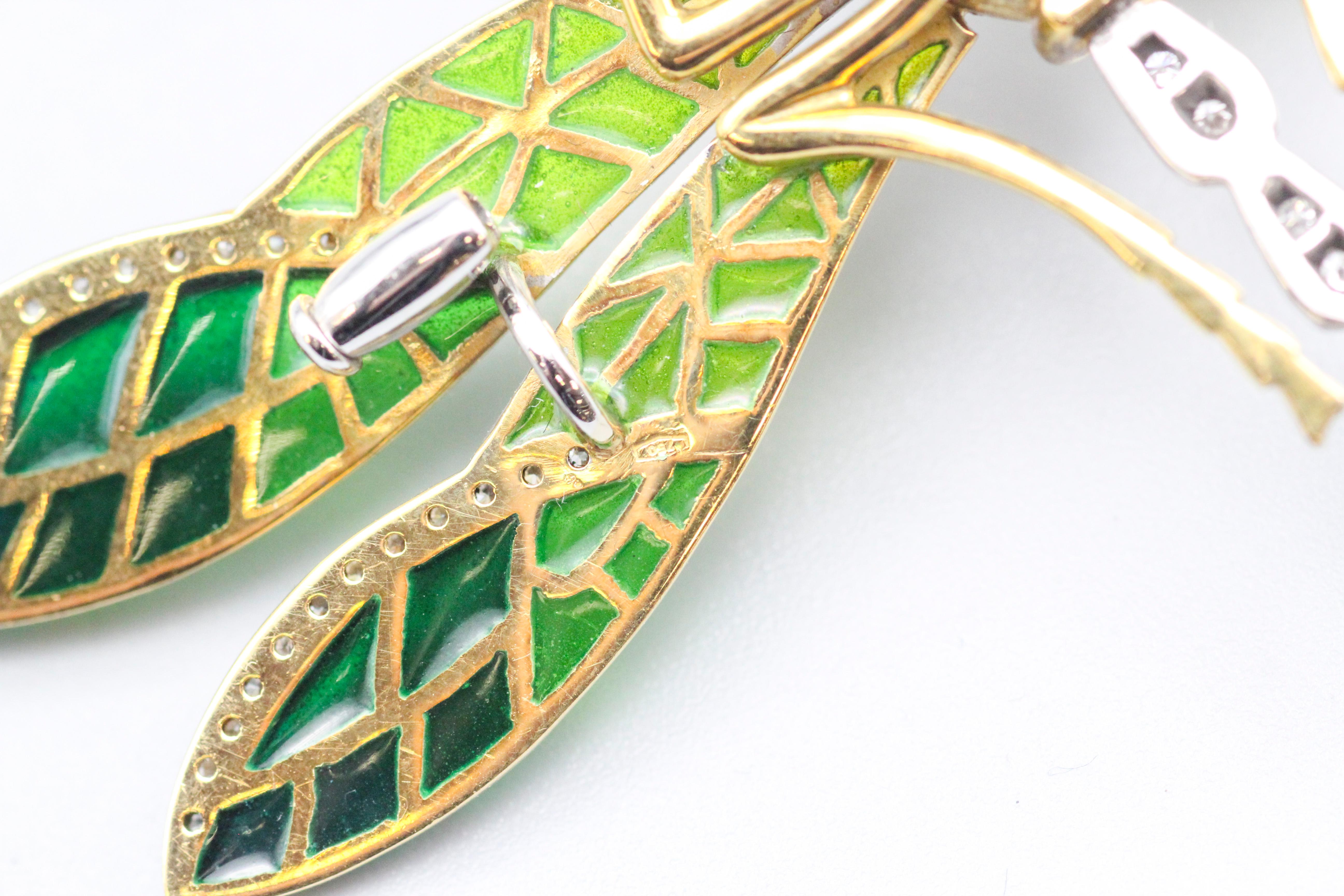 Italian Plique-A-Jour Enamel Diamond 18k Gold Dragonfly Brooch For Sale 6