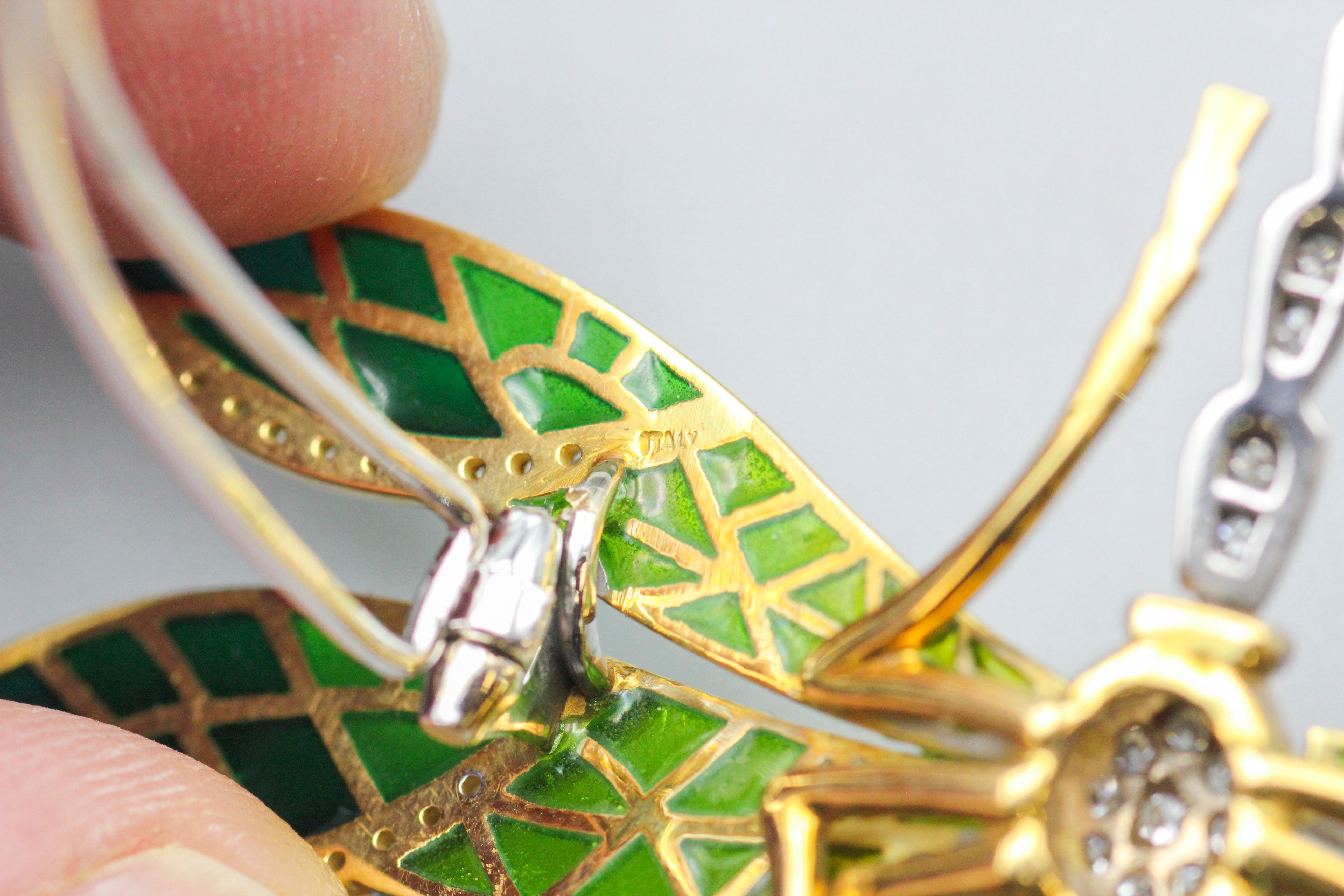 Italian Plique-A-Jour Enamel Diamond 18k Gold Dragonfly Brooch For Sale 7