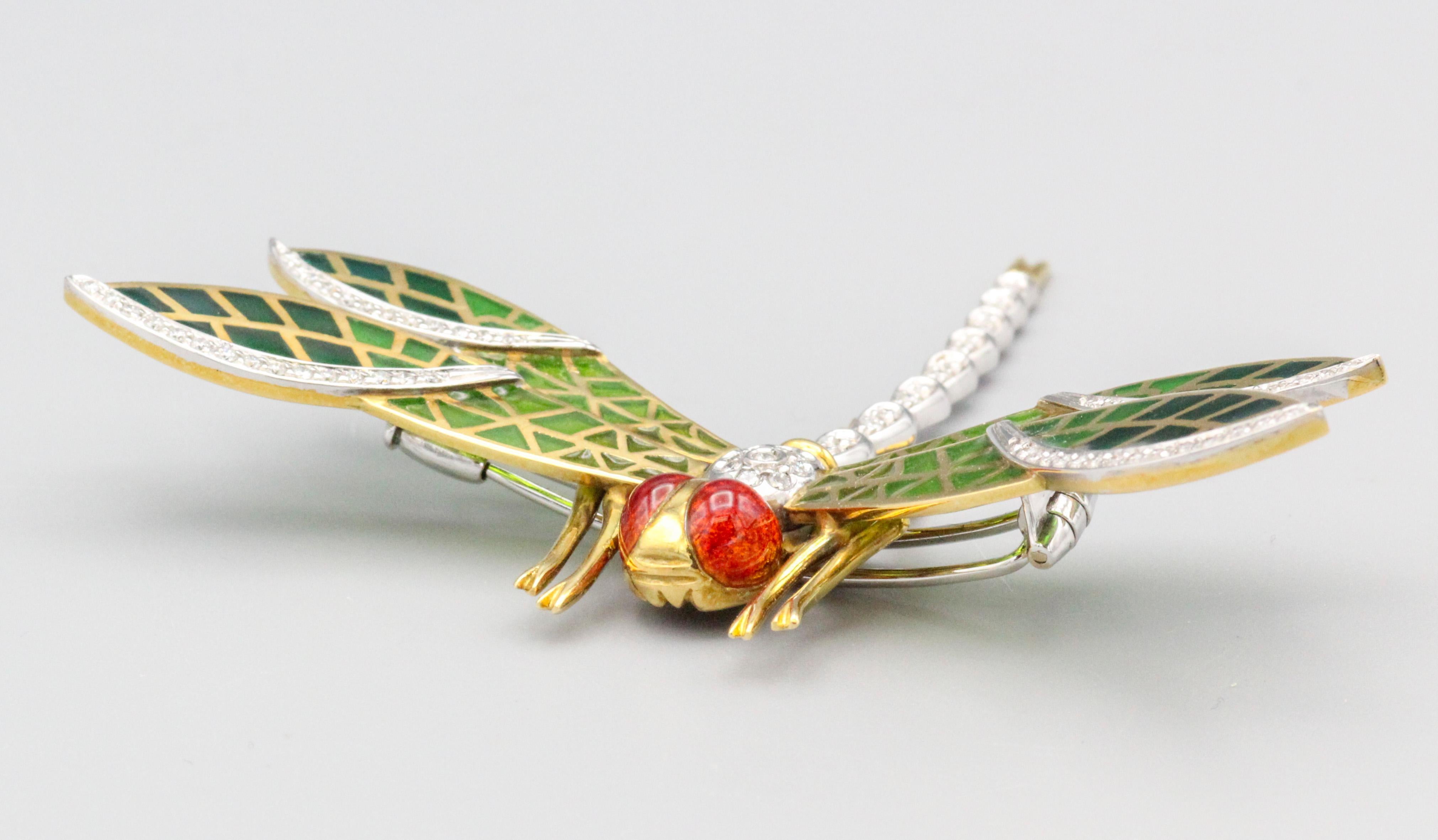 Round Cut Italian Plique-A-Jour Enamel Diamond 18k Gold Dragonfly Brooch For Sale