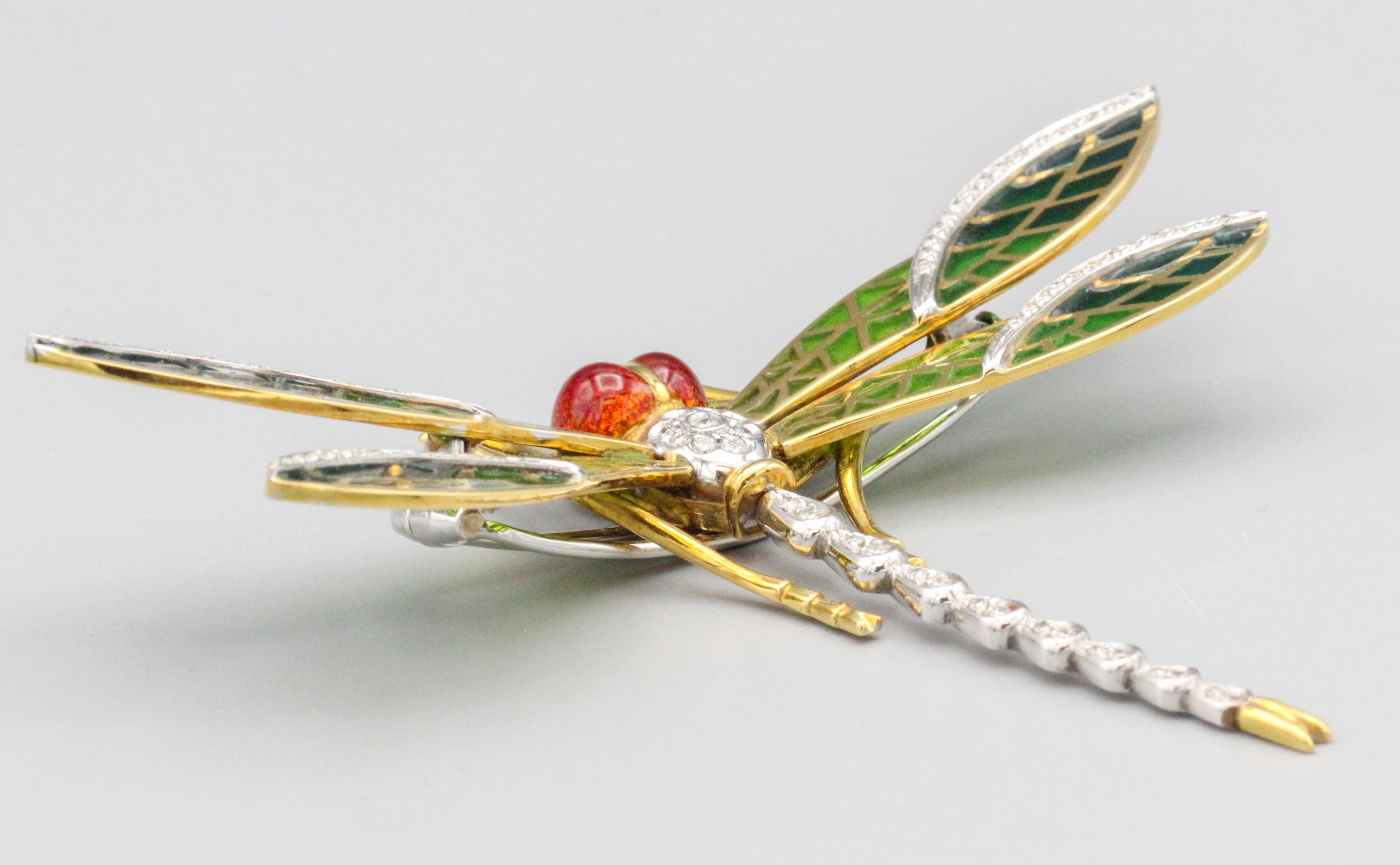 Italian Plique-A-Jour Enamel Diamond 18k Gold Dragonfly Brooch In Good Condition For Sale In New York, NY