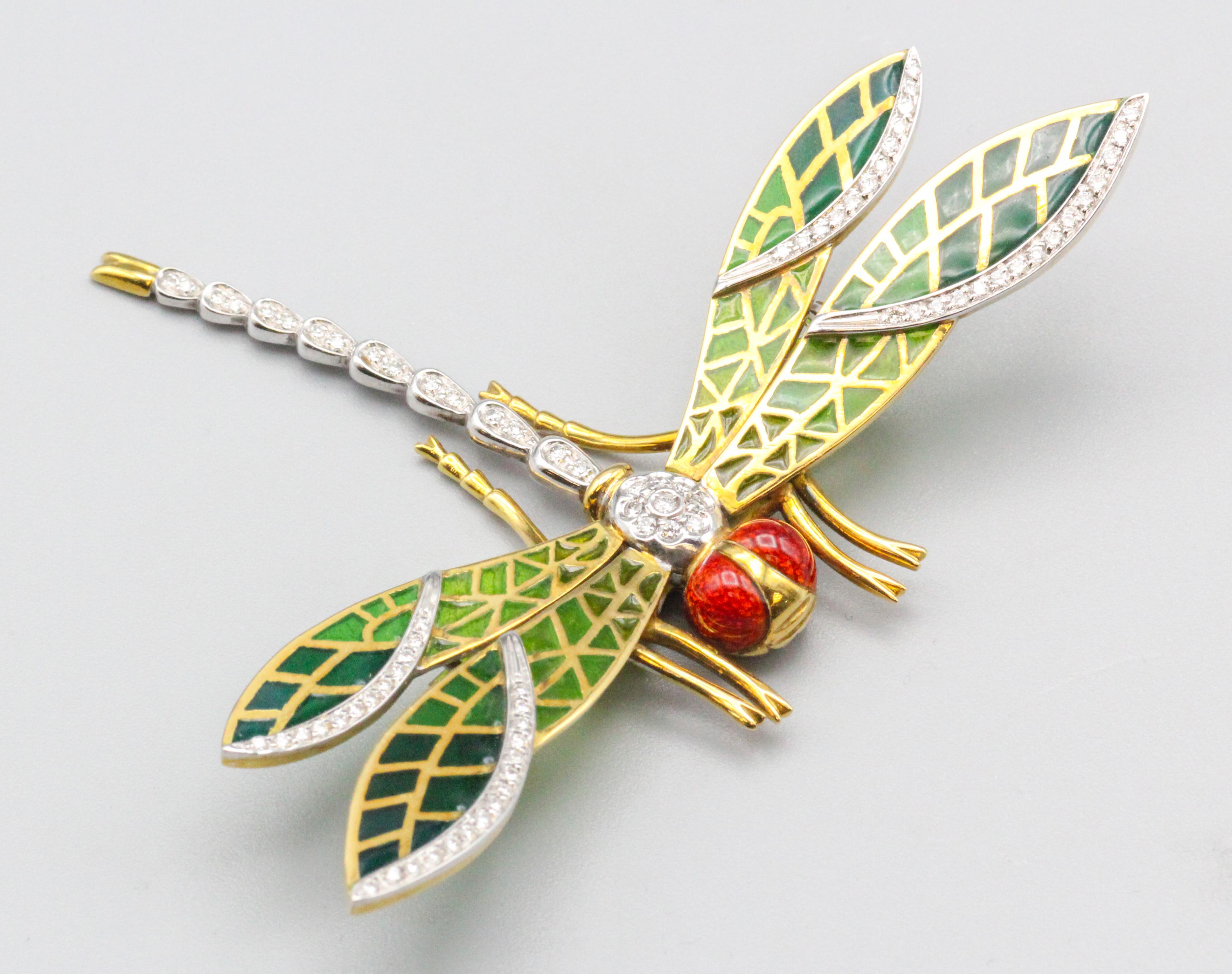 Women's Italian Plique-A-Jour Enamel Diamond 18k Gold Dragonfly Brooch For Sale