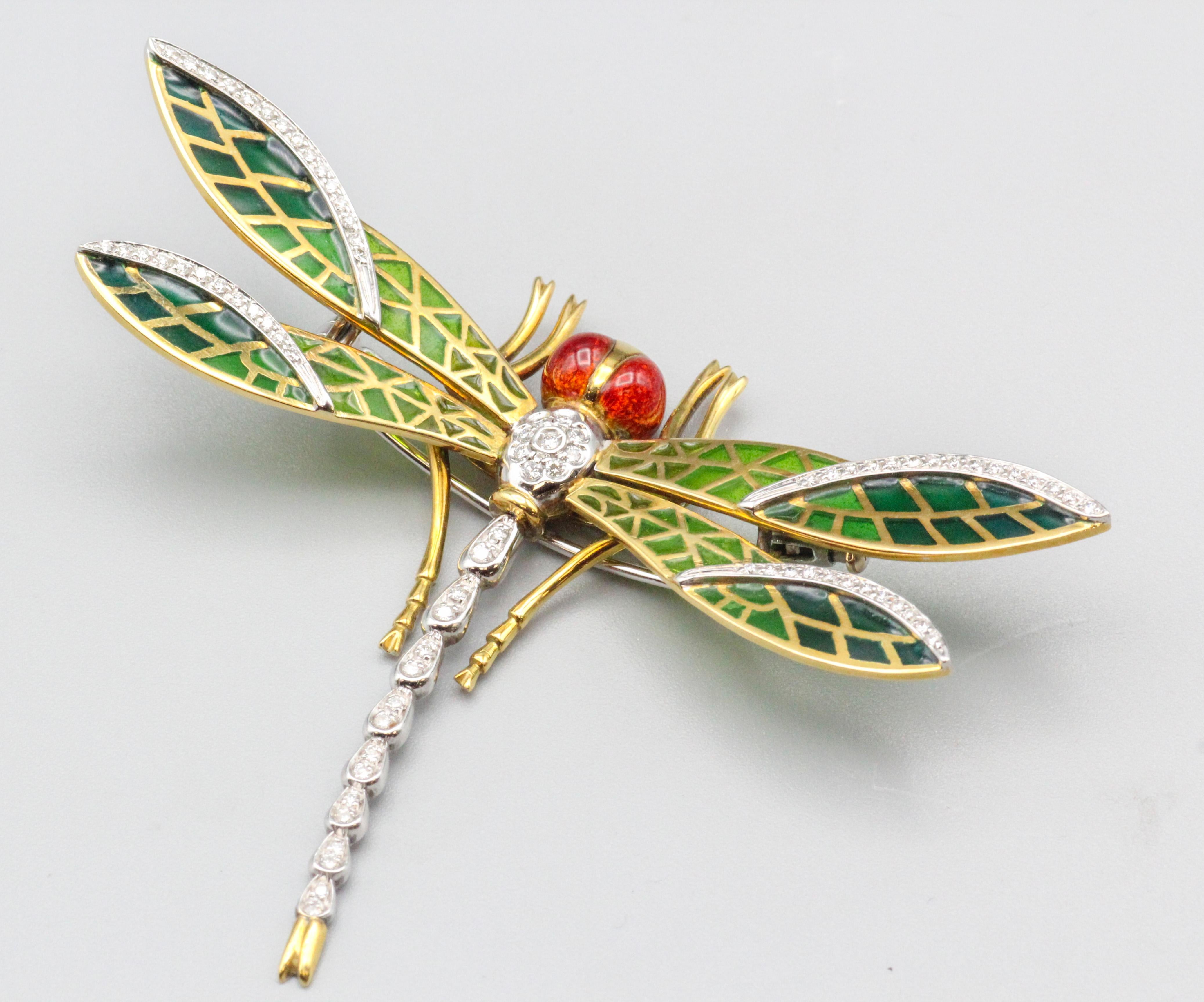 Italian Plique-A-Jour Enamel Diamond 18k Gold Dragonfly Brooch For Sale 1