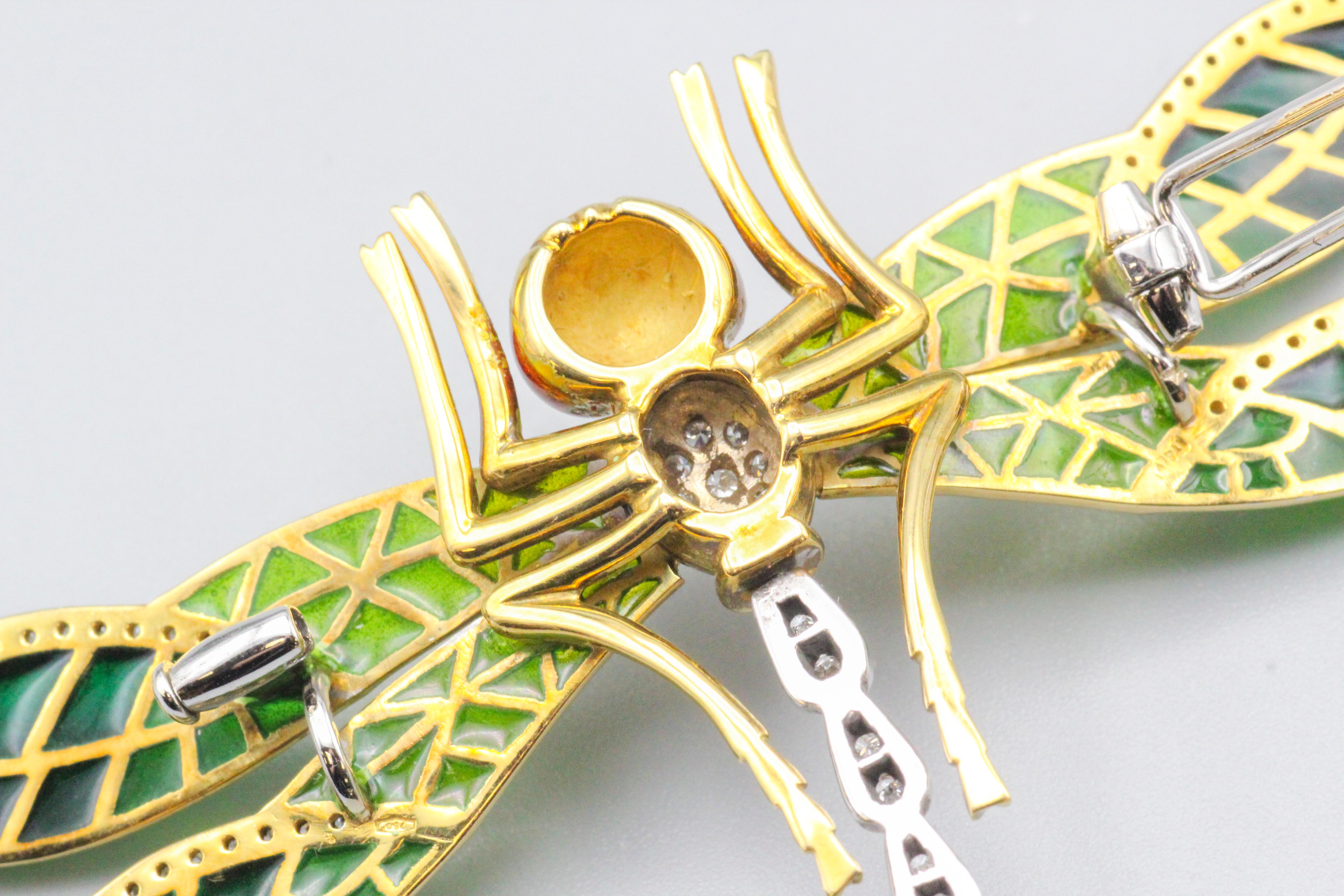 Italian Plique-A-Jour Enamel Diamond 18k Gold Dragonfly Brooch For Sale 3