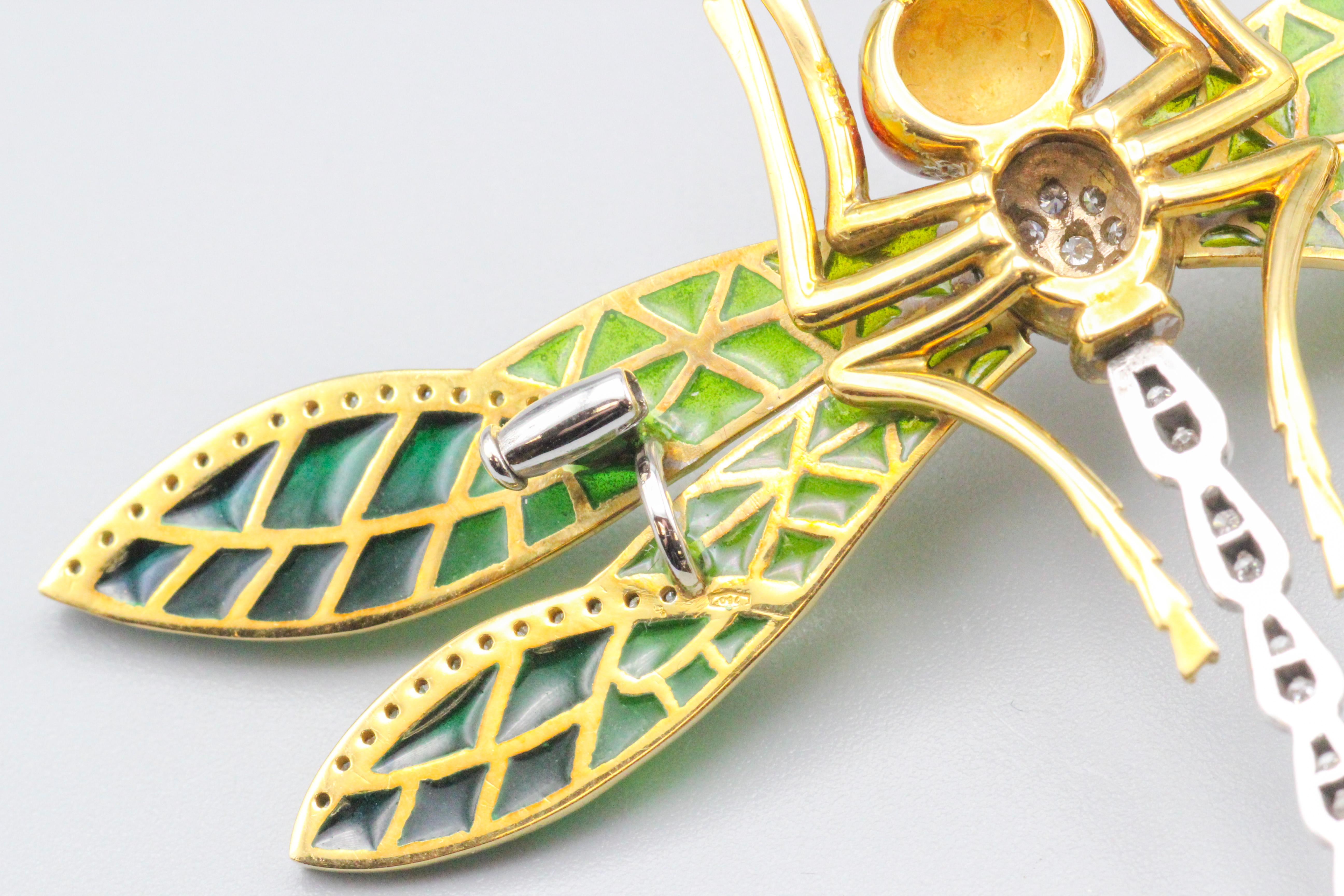 Italian Plique-A-Jour Enamel Diamond 18k Gold Dragonfly Brooch For Sale 4
