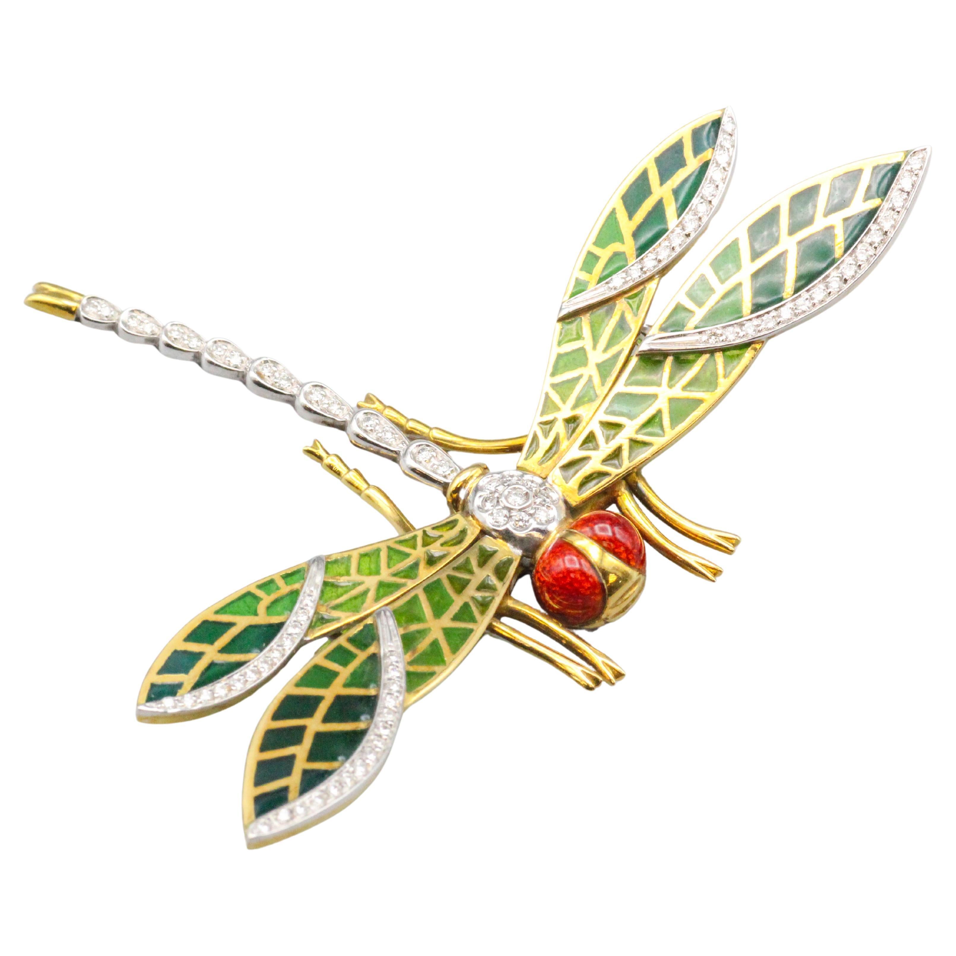 Italian Plique-A-Jour Enamel Diamond 18k Gold Dragonfly Brooch For Sale