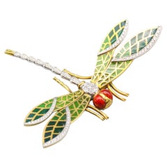Vintage Italian Plique-A-Jour Enamel Diamond 18k Gold Dragonfly Brooch