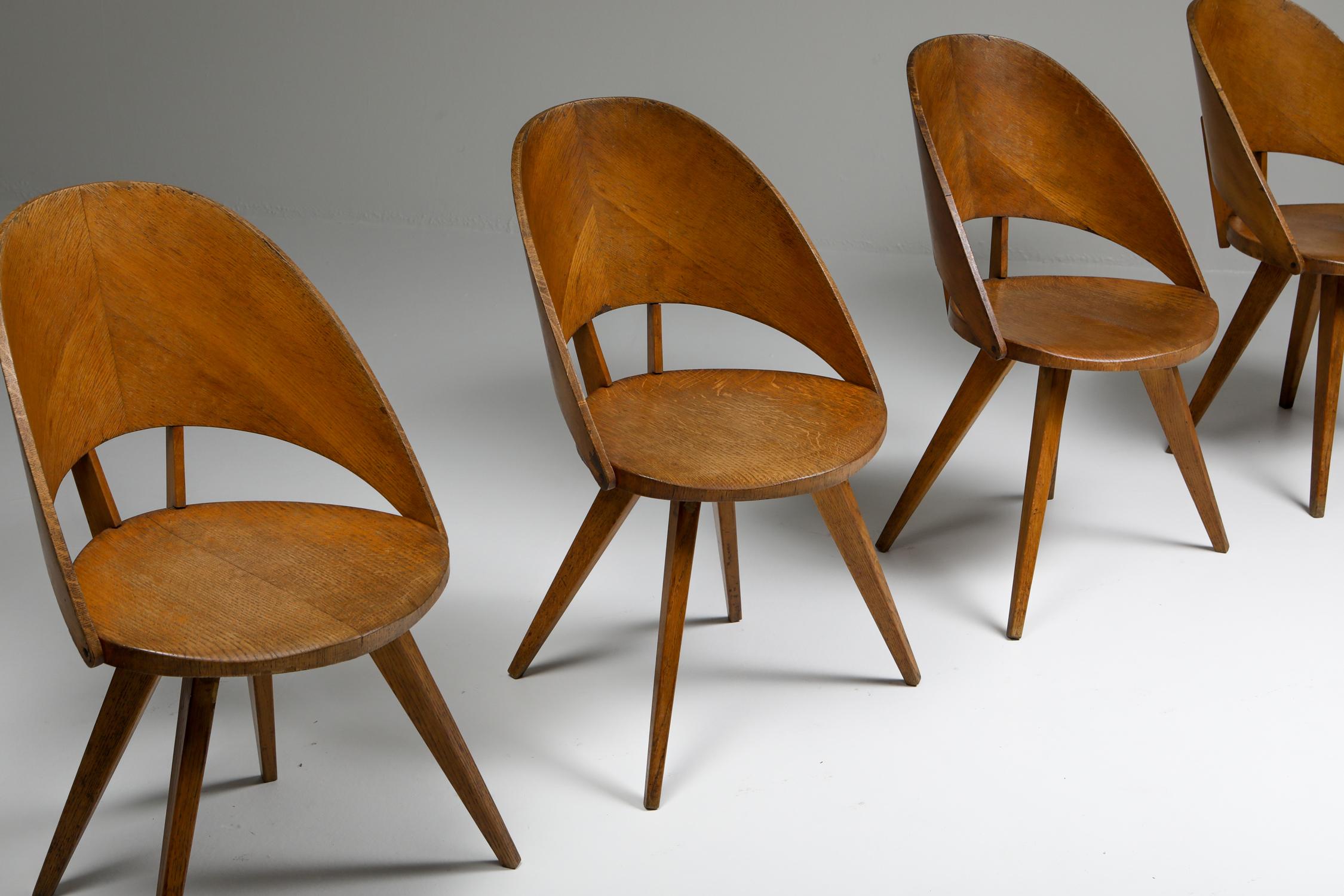 Early Mid-Century Modern dining chairs, solid oak and plywood, Italy, 1940s

Unknown and unusual dining chairs from the 1940s,
Like an early 'Medea' chair by Vincenzo Nobilis for Fratelli Tagliabue

The legs and seats are solid oak, which has