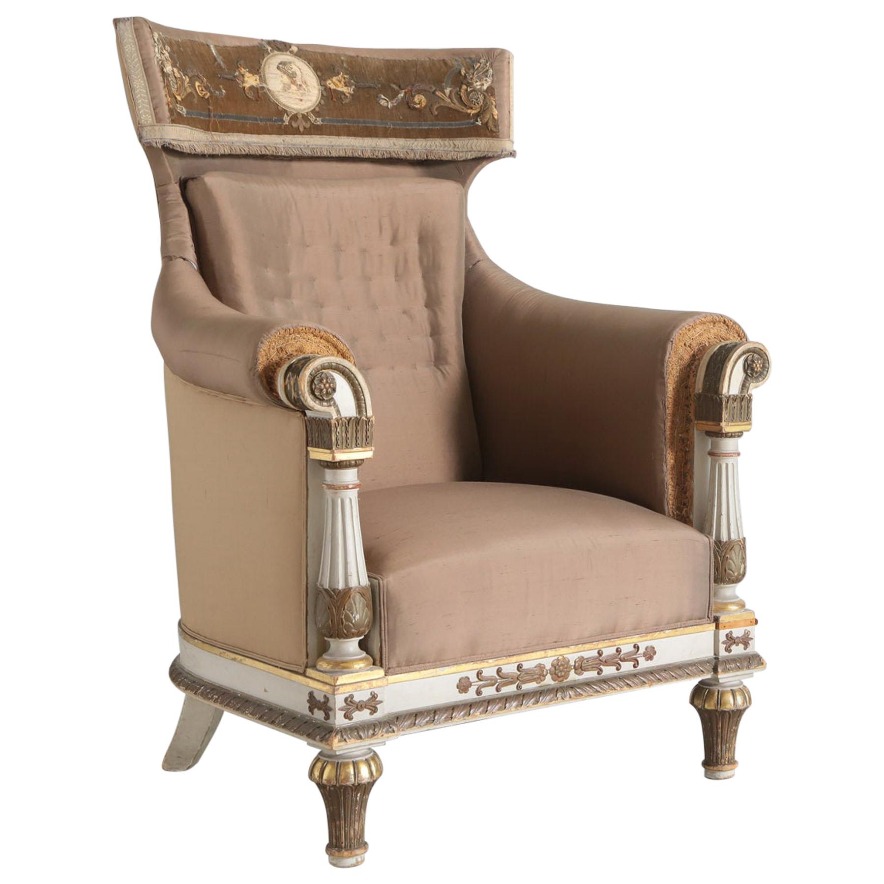 Italian Poets Chair with Original Paintwork, Carving and Embroidery For Sale