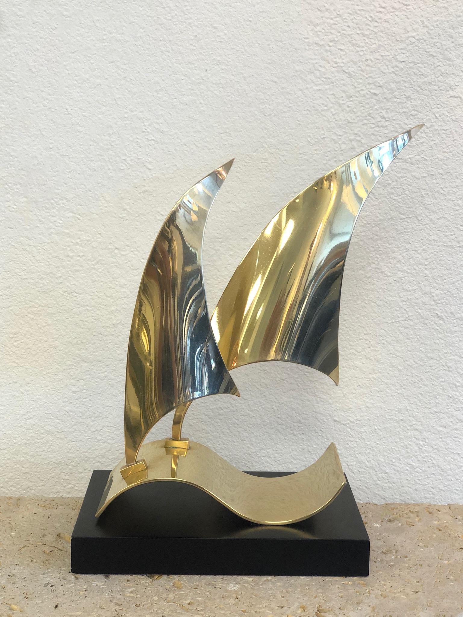 Italian Polish Bronze Sail Boat Sculpture by Emilio Lancia  In Good Condition For Sale In Palm Springs, CA