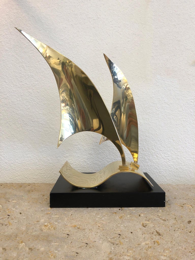 Italian Polish Bronze Sail Boat Sculpture by Emilio Lancia For Sale at