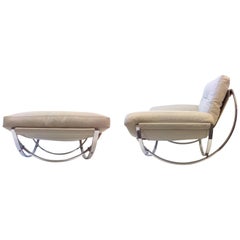 Italian Polish Stainless Steel and Leather Lounge Chair and Ottoman